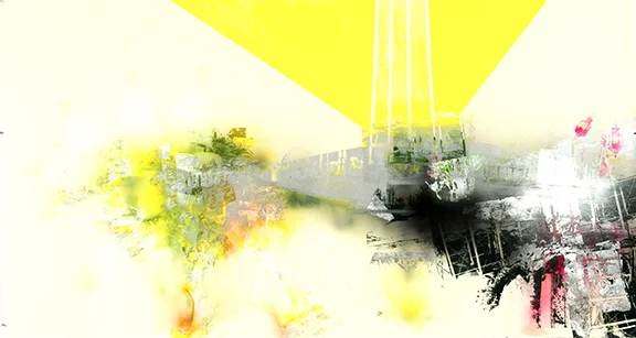 Out, in and back out again…, 2014. Screenprint, acrylic, spray paint, silver leaf and colored pencil on Arches Cover