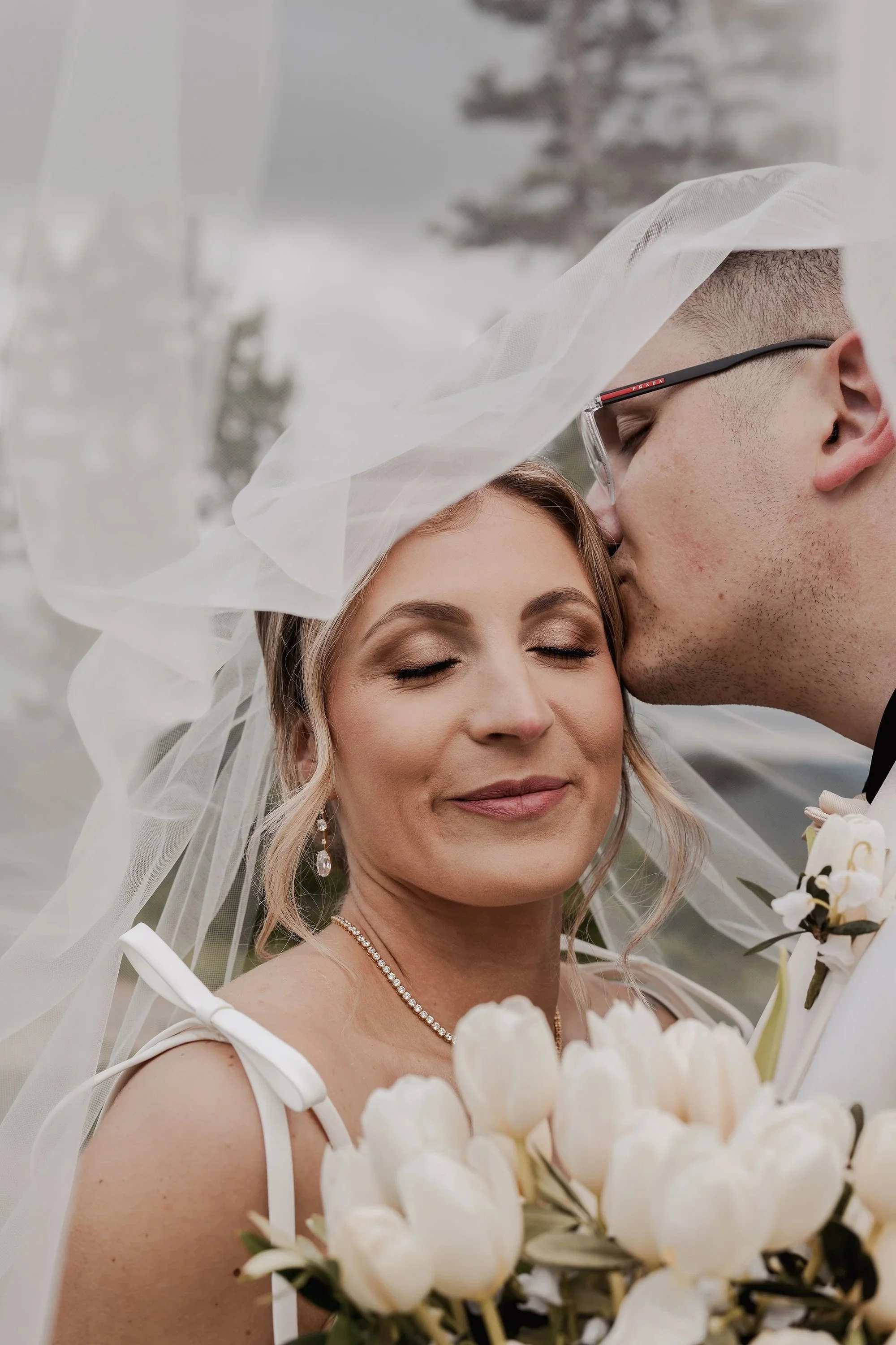 Couple under veil during their gatlinburg elopement