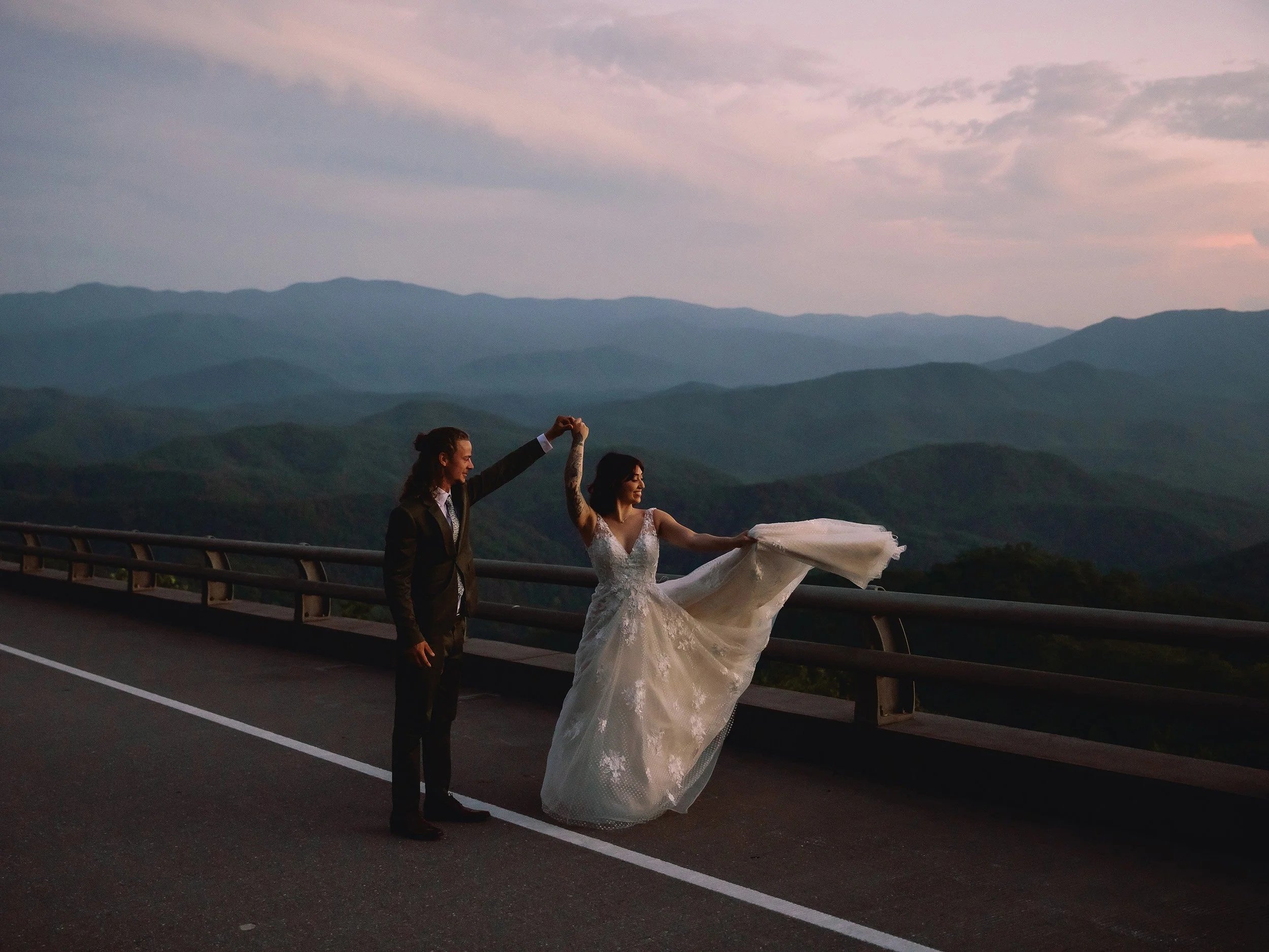 Foothills parkway sunset couple's portrait.