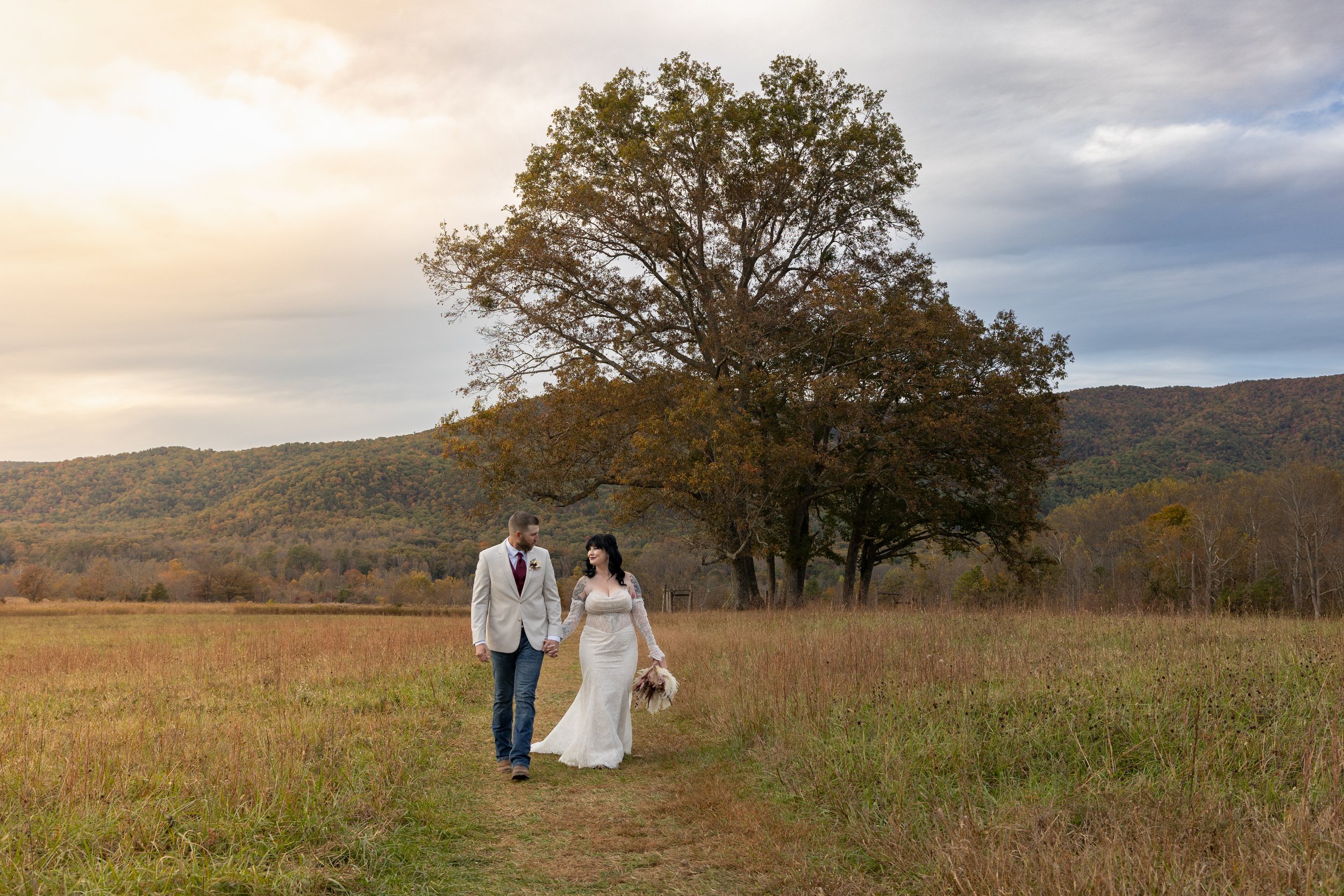 Couple in Cades Cove after eloping in Gatlinburg