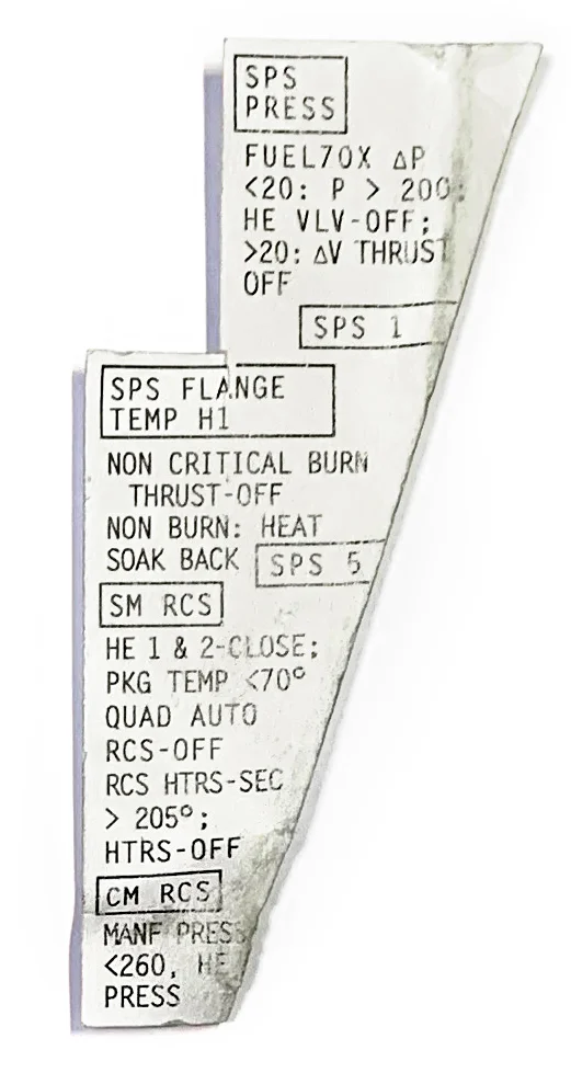 Cue cards to fit velcro in Apollo I, Apollo XI, and Gemini VIII panels