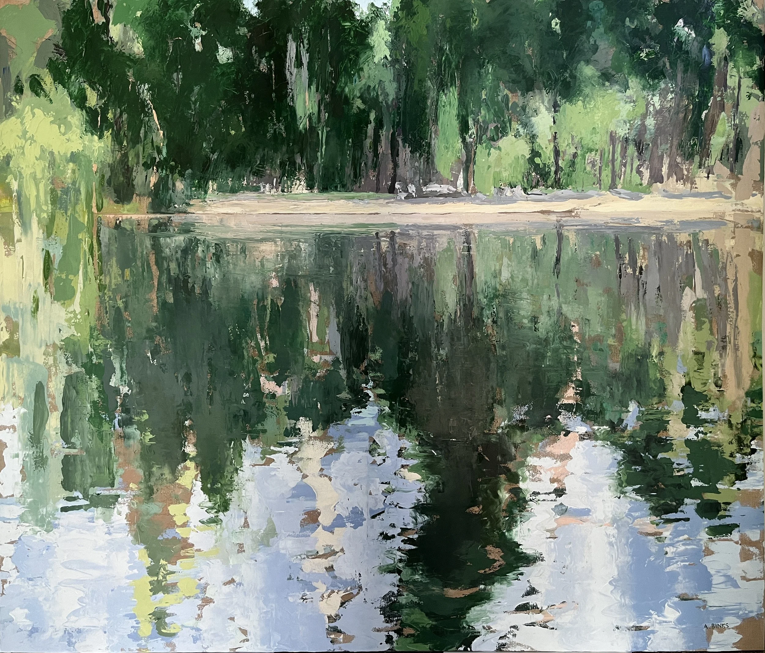 Green and blue lake painting with reflections