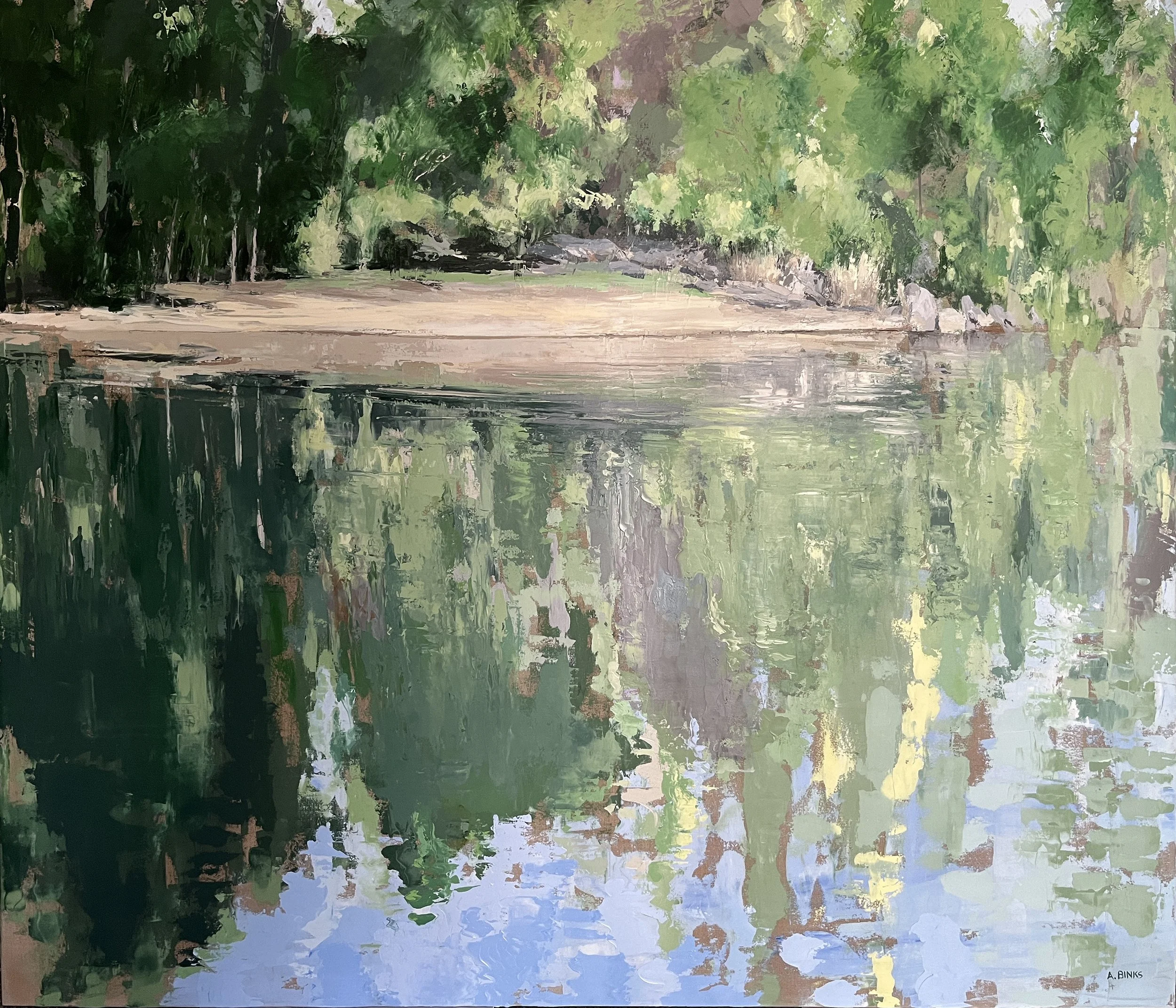 Lake painting with green and blue wavering reflections painted in oils with palette knife