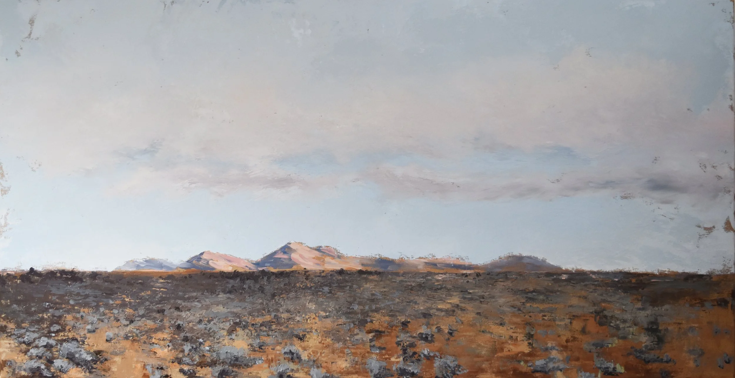 Sparse desert painting with pink sunset hills by Alison Binks