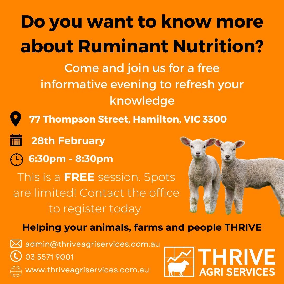 Are you or your staff a bit rusty on ruminant nutrition? 
Find the details below for our FREE session to refresh your memory!
www.thriveagriservices.com.au 
03 5571 9001