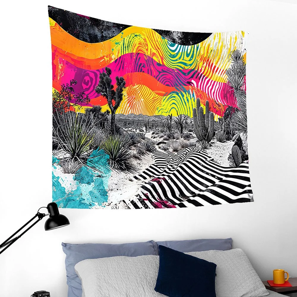 Vibrant Desert Contrast Tapestry - 60"x50" Monochrome and Neon Landscape Wall Art for Eclectic Spaces