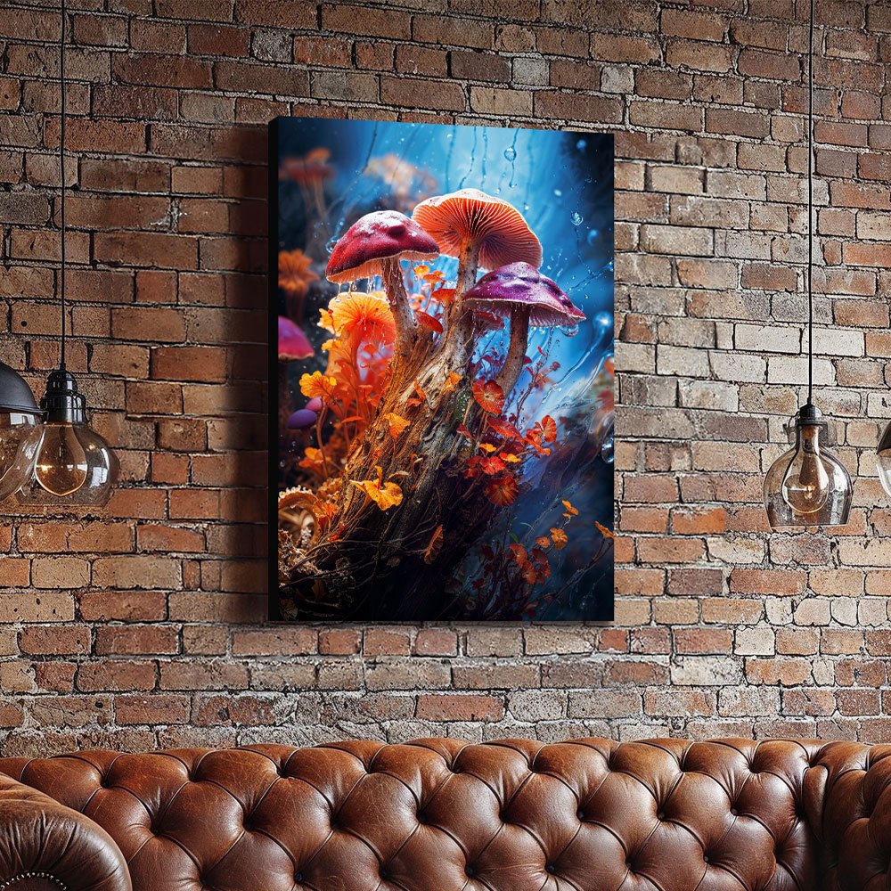 Canvas Print of Enchanted Mushrooms - Vivid Nature Scene Wall Art