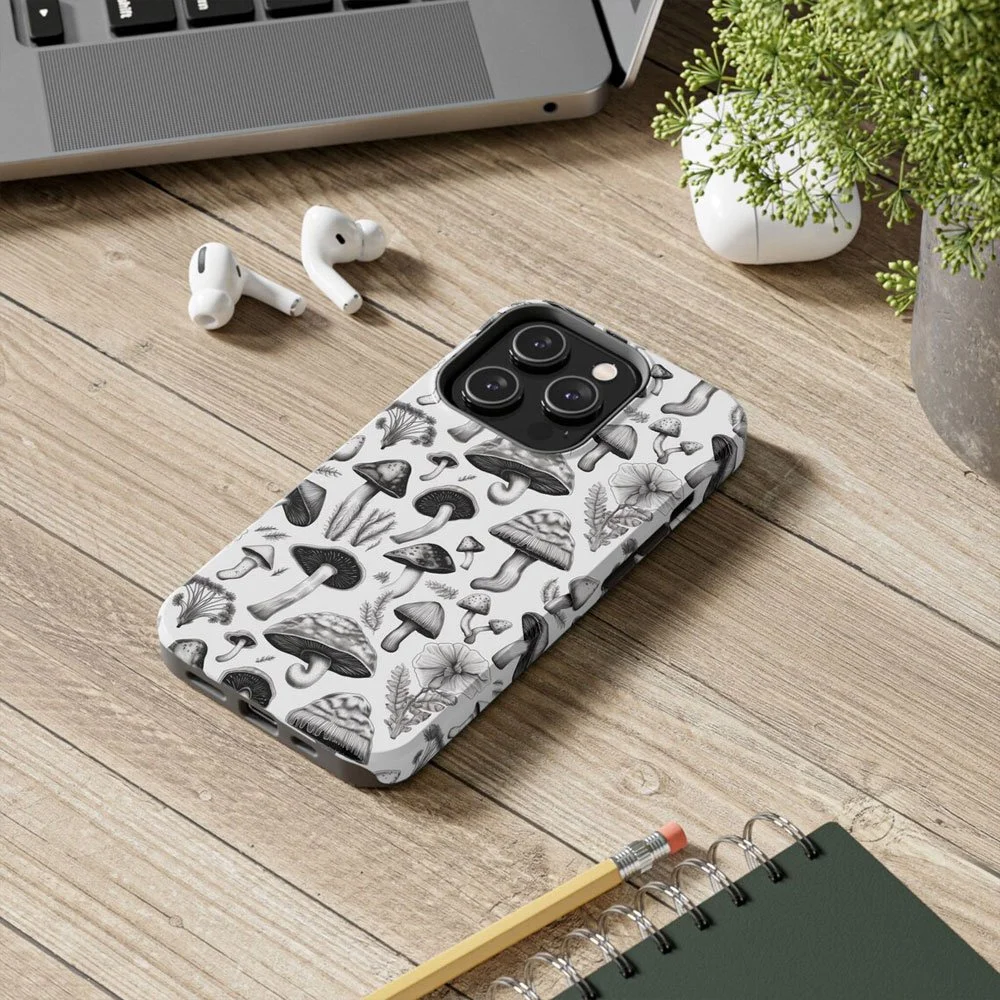 Hand Drawn Monochrome Mushroom Phone Case - Boho Nature-Inspired Design, Aesthetic Phone Protection