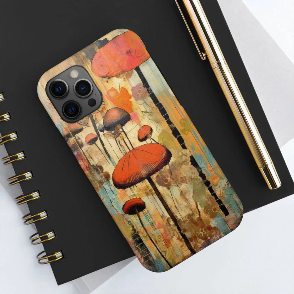 Mushroom Graffiti Phone Case - Industrial Retro Phone Protection, Steampunk Nature, Orange Bronze Dripping Paint Aesthetic, Steampunk iPhone