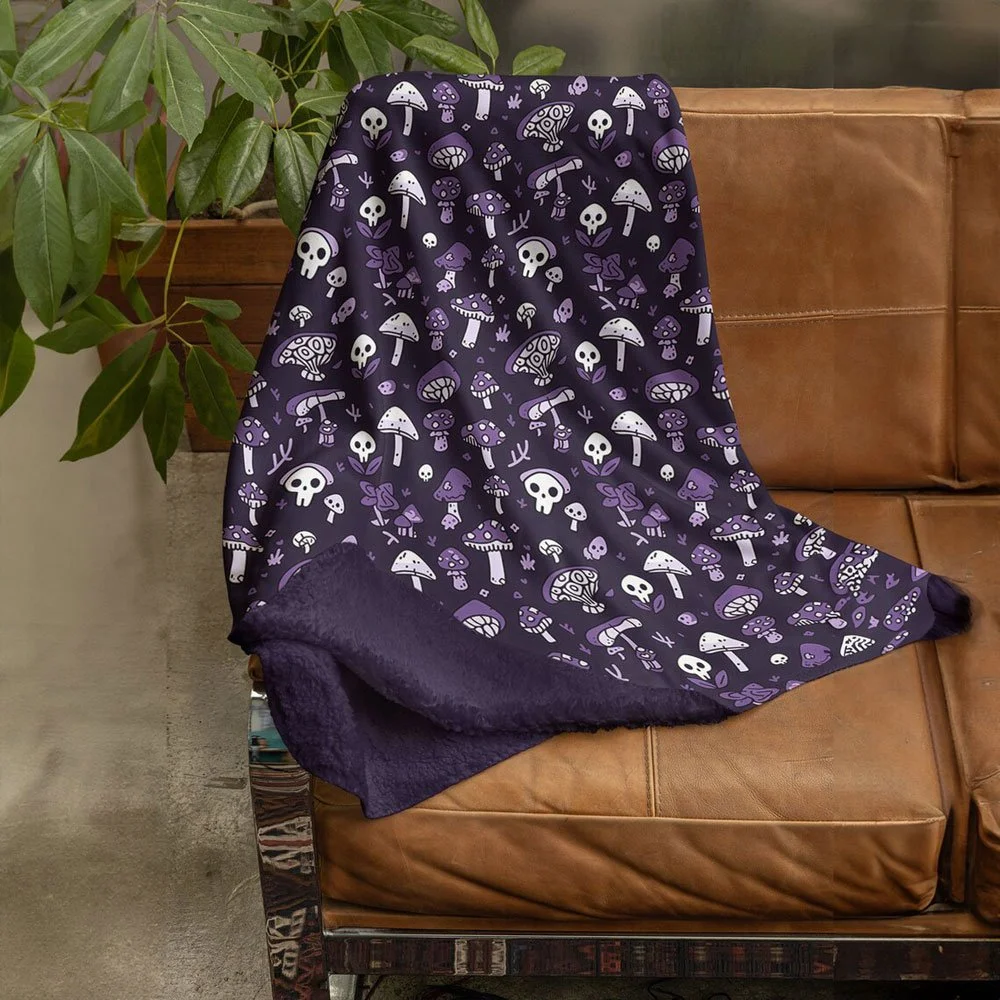 Velveteen Plush Blanket with Whimsical Skull & Mushroom Pattern - Unique Purple Goth Decor