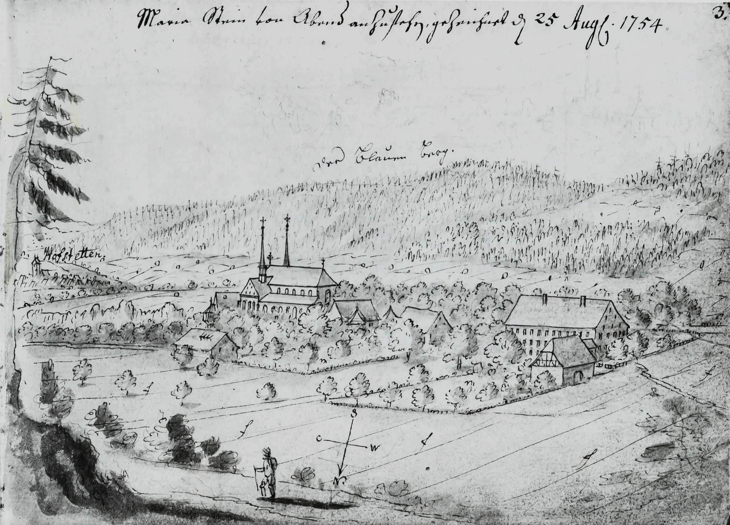 Ansicht Kloster Mariastein mit dem Pilgerwirtshaus zum Kreuz am rechten Bildrand. Federzeichnung. von Emanuel Büchel, 1754. Aus dem Kupferstichkabinett Basel