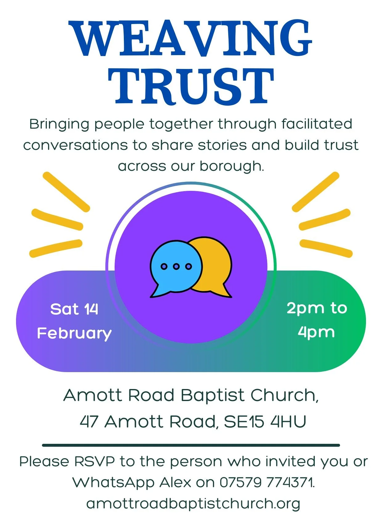 Just over a week to go! If you're in the neighbourhood of Amott Road, please join us for an afternoon of informal but facilitated conversations with others living locally. A chance to deepen connections and build relationships in our neighbourhood. (