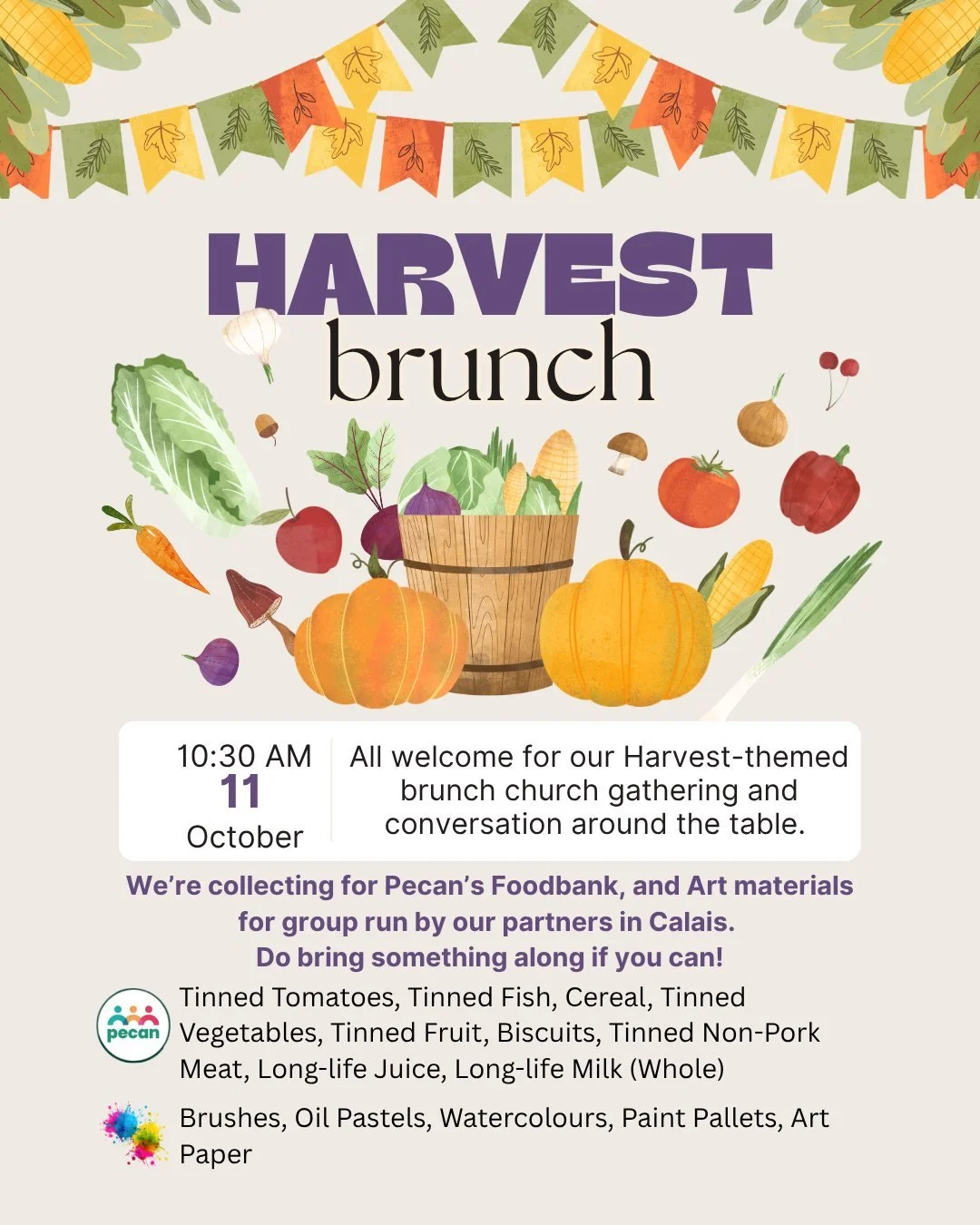 We're celebrating Harvest at Brunch Church this Sunday. As well as our usual delicious bring-and-share brunch meal, we'll be giving God thanks for this season, and for the good food that we can share together. We will also be collecting for the @peca