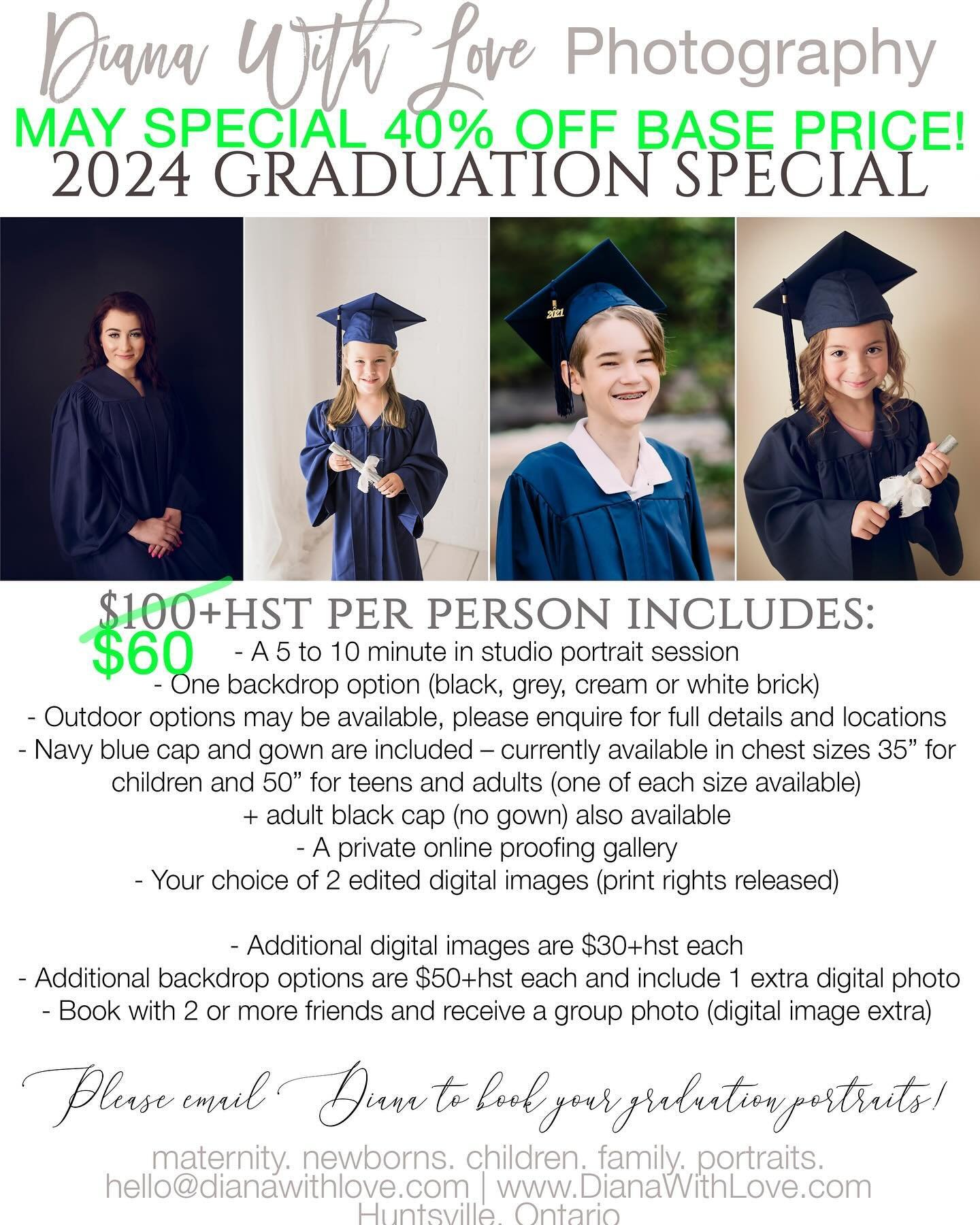 MAY SPECIAL: 40% off Grad Portraits! Looking for a more personalized experience to capture this milestone? I&rsquo;ve got you covered! Book your session this month and receive 40% off your base price!

 These are especially great for kindergarten gra