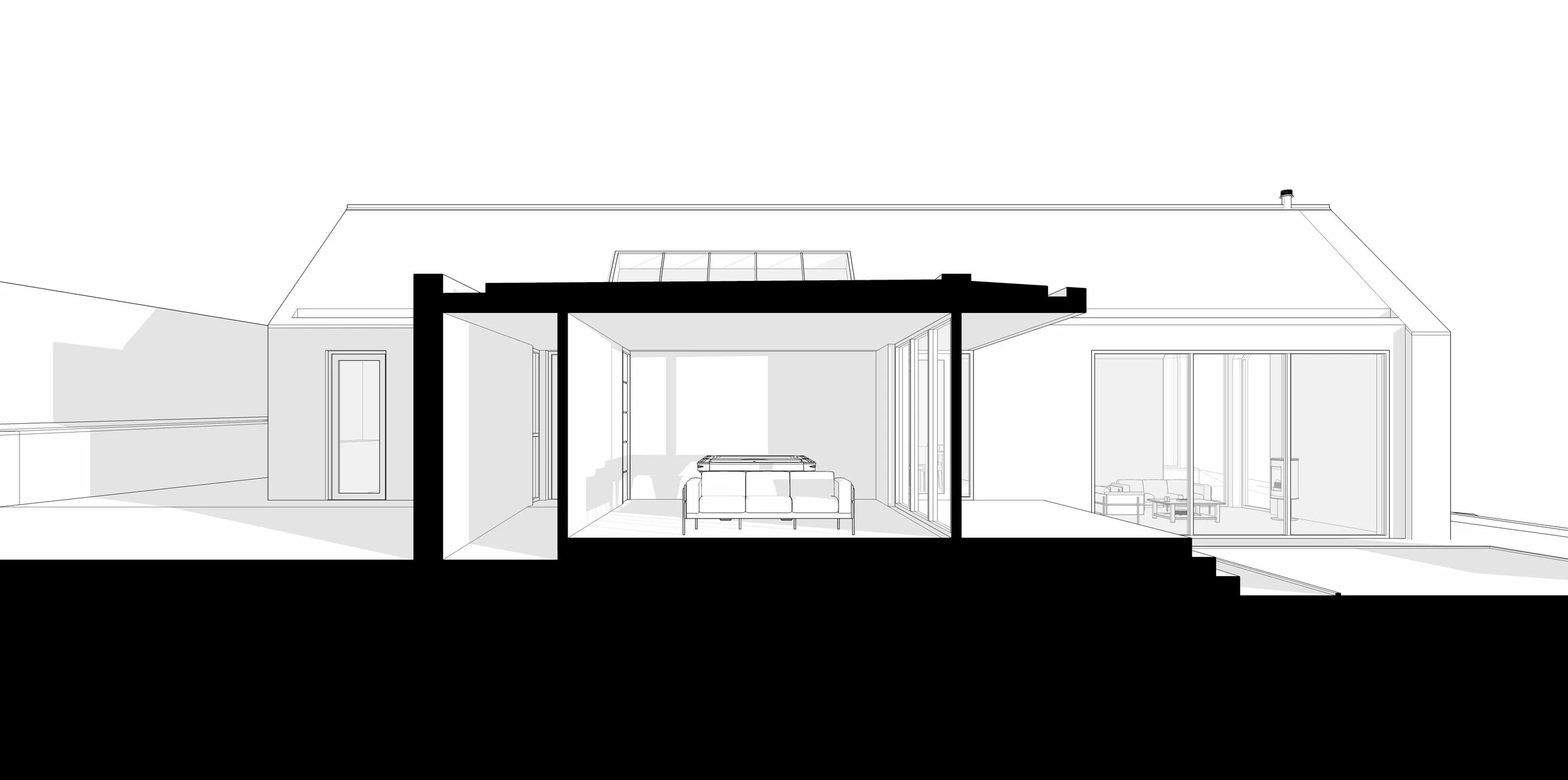 Perspective cross section showing living area relationship to terrace and courtyard