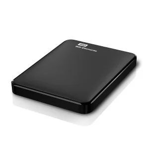 A black external hard drive