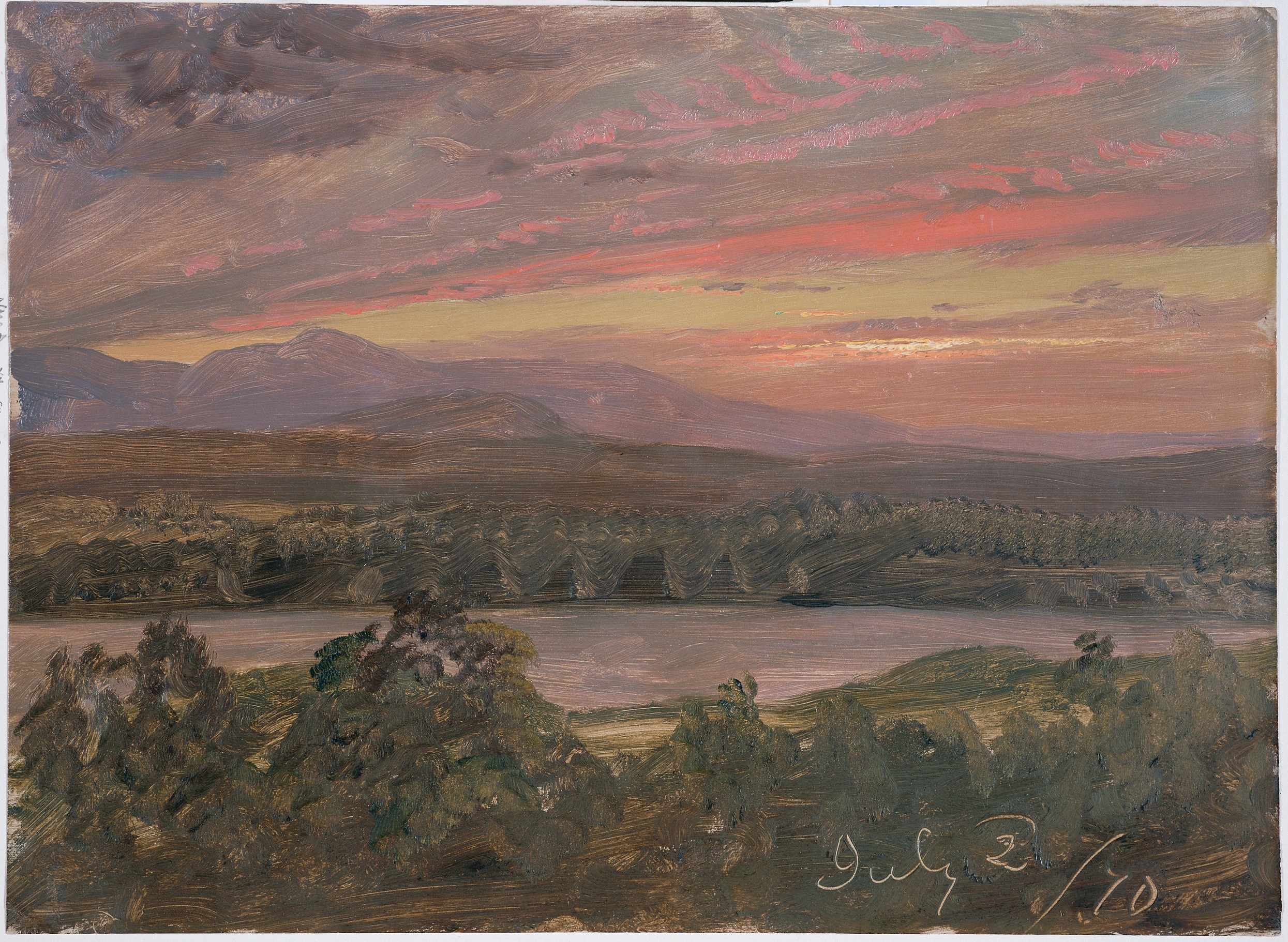  Frederic Edwin Church, “Sunset from Olana,” July 2, 1870, oil on off-white academy board, 11 1/16 x 151/8 in., OL.1976.8. Collection Olana State Historic Site, NYS OPRHP. 