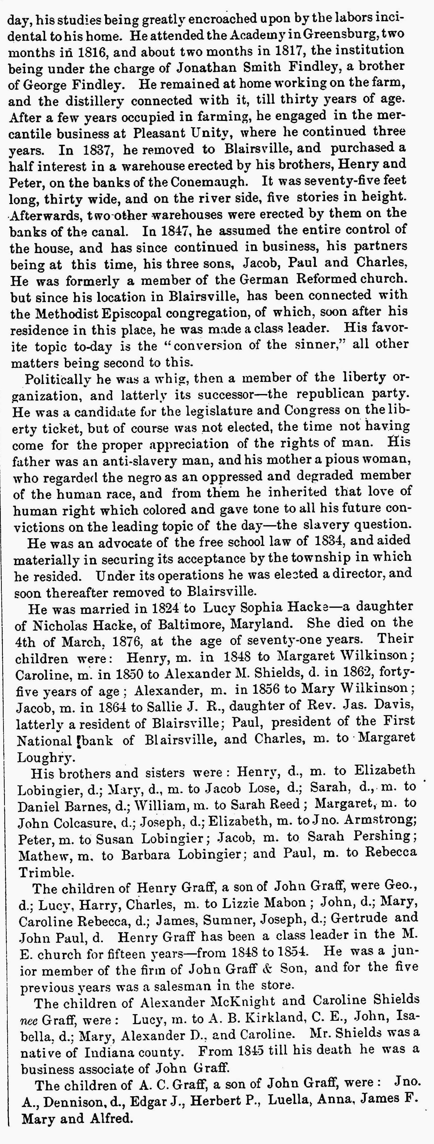 John Graff Obituary, Indiana Messenger, 1885