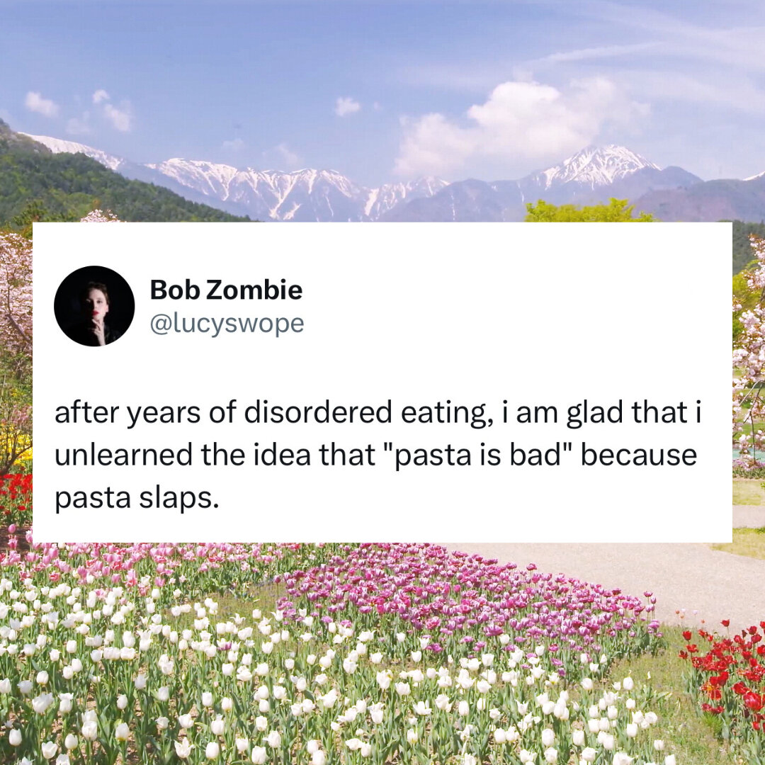 Like this post if you grew up believing certain foods, like pasta, are &lsquo;bad.&rsquo; 💔​​​​​​​​​
And not because the box expired or overcooked. 

Unless you can't have pasta for medical reasons, you do not like it, or it fell on the ground, it i