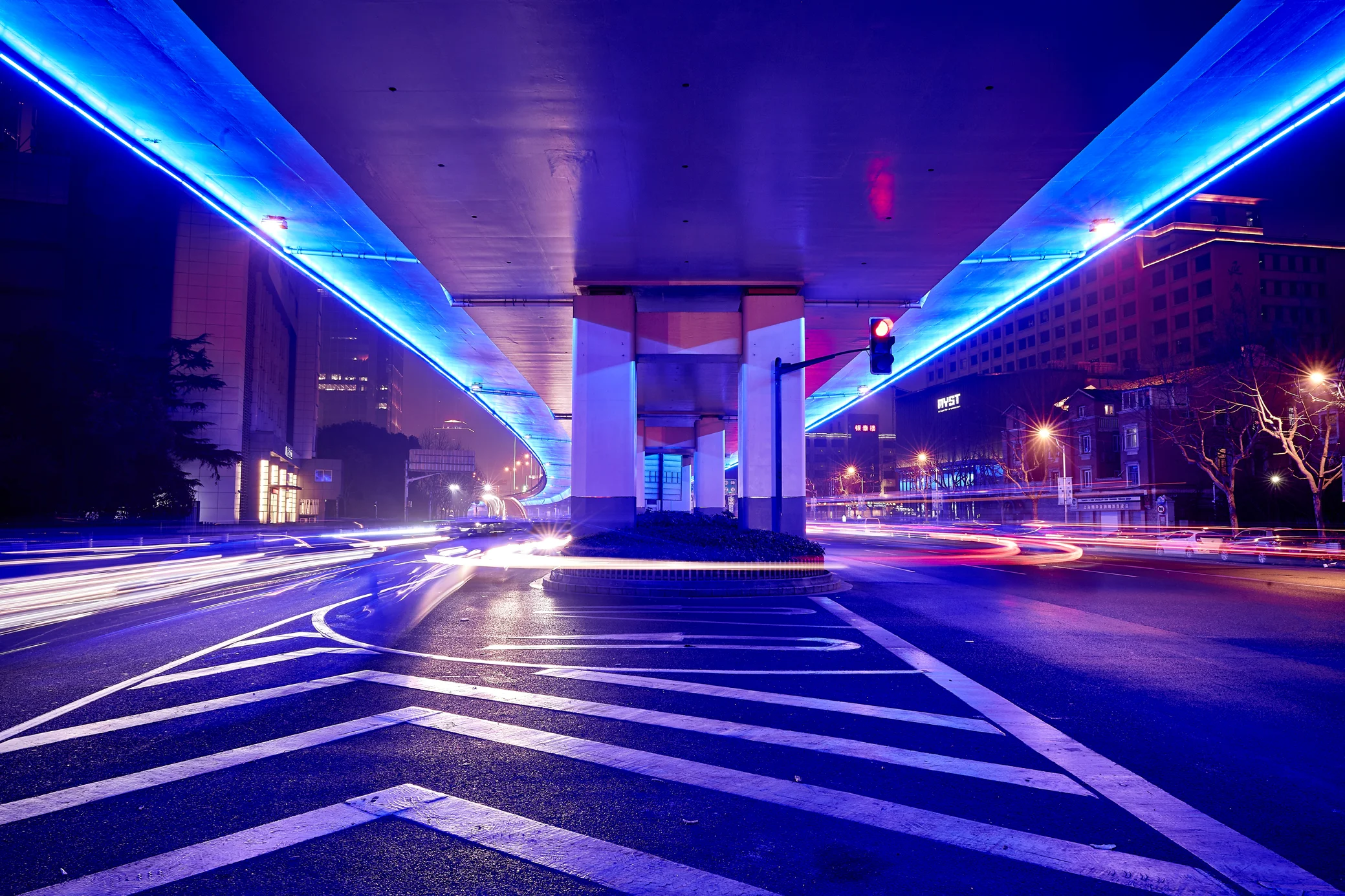 Blue Neon Lights On Bridge Architecture of Elevated Intersection Overpass In Shanghai, China - Landscape Photography - Architecture Photography - Guy Bettison Architecture Photographer Nottingham UK