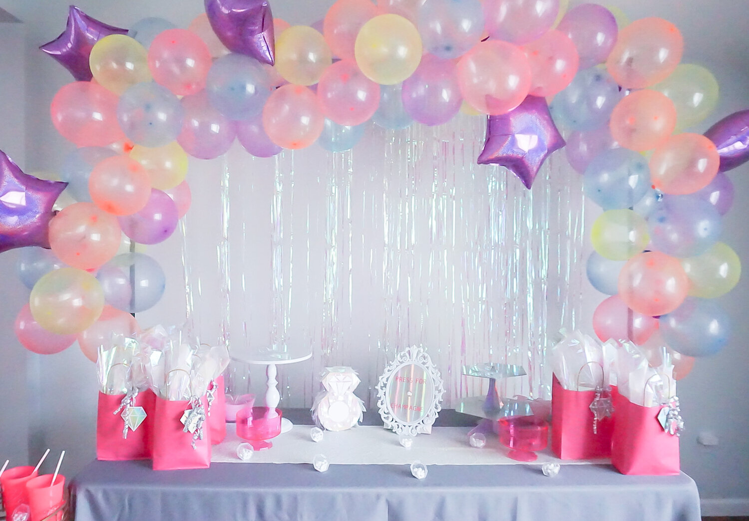 iridescent balloon garland for bachelorette party