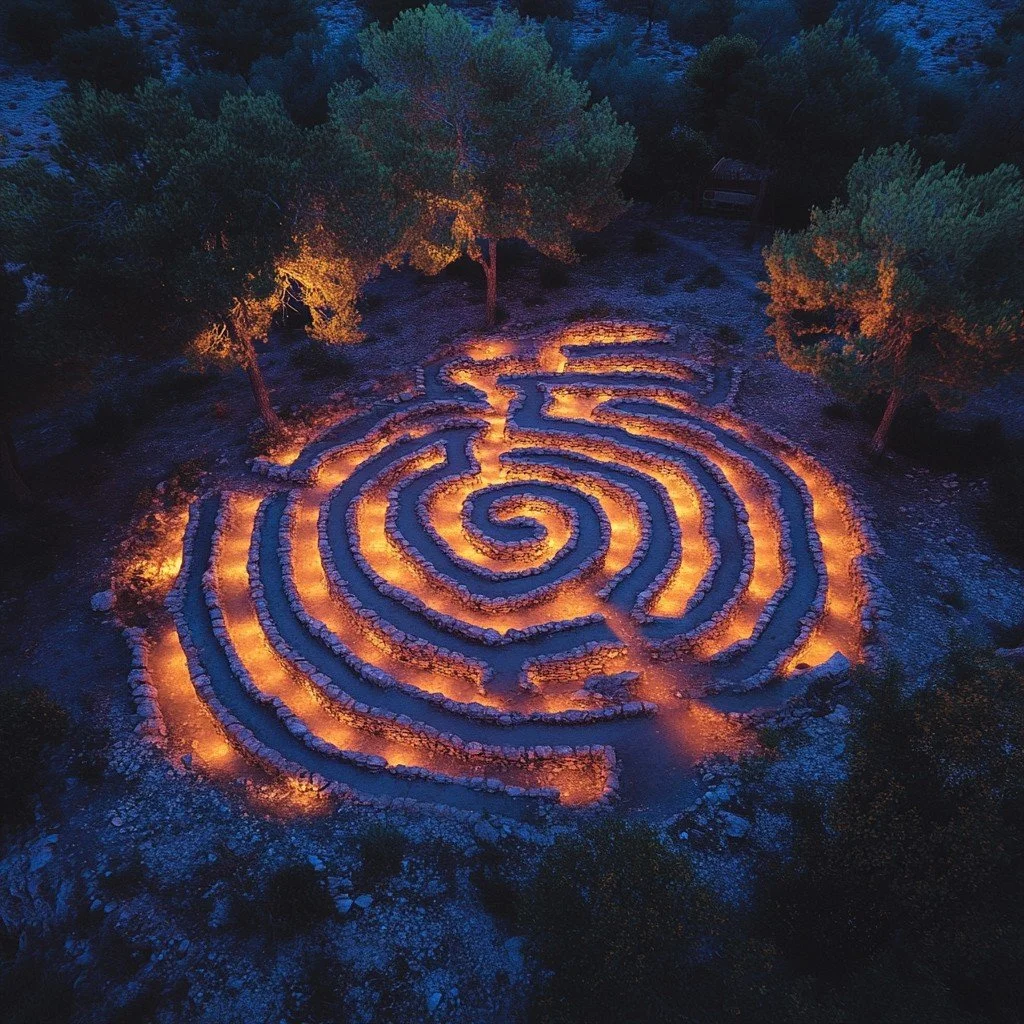 A circular labyrinth outlined with glowing lights is set outdoors at dusk, surrounded by trees.