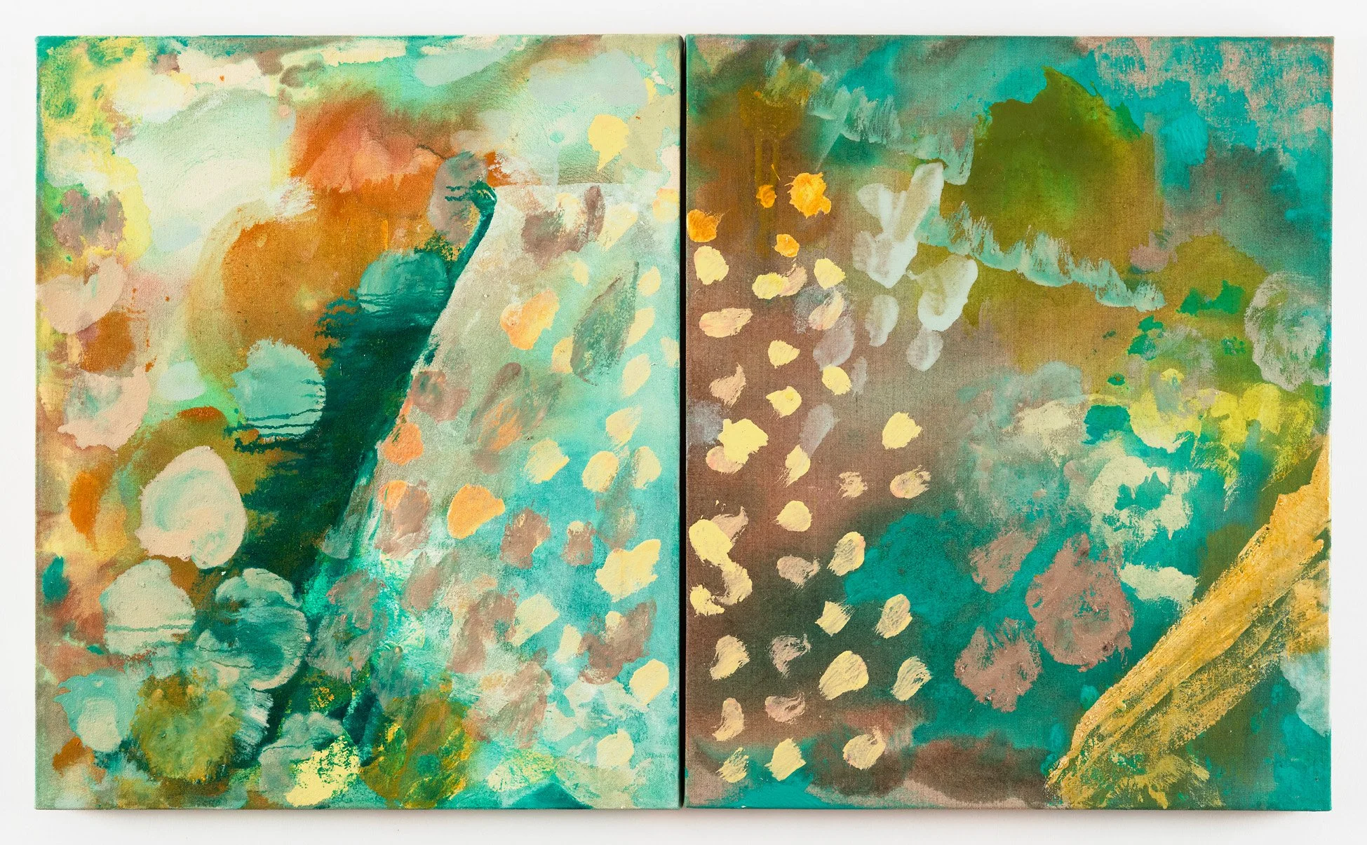    Dwell In Green Mountain                                                                                     24 × 40” (diptych)                                                                                                      oil and acrylic on 