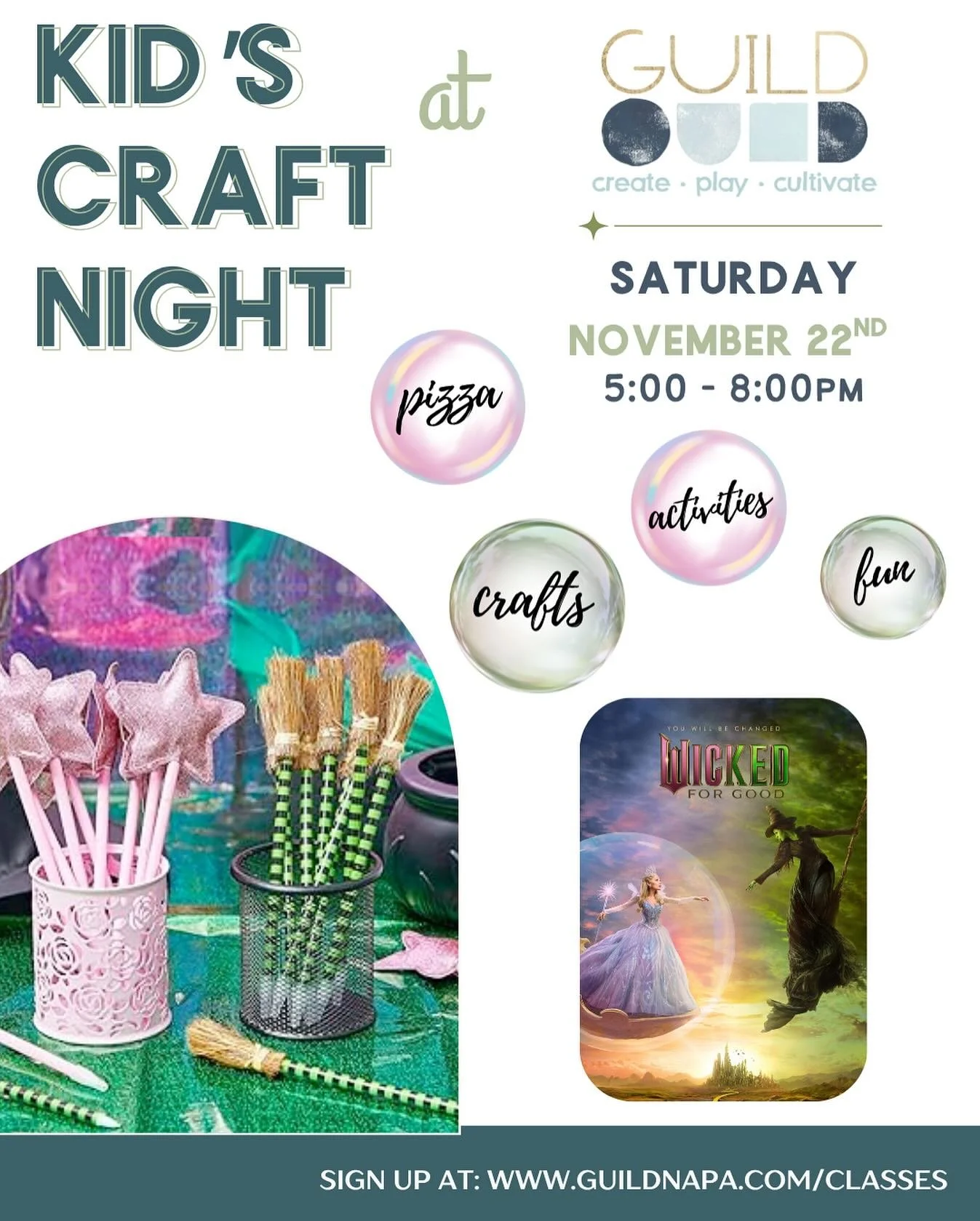 ✨✨Grab your bestie, hop onto your broomsticks, and fly over to GUILD for our next 🖤Kids Craft Night🖤 celebrating all things 💚🩷WICKED 🩷💚 (while grownups enjoy a night to themselves✨)

Kids will&hellip;
🍕make pizzas for dinner 
🎨create crafts 
