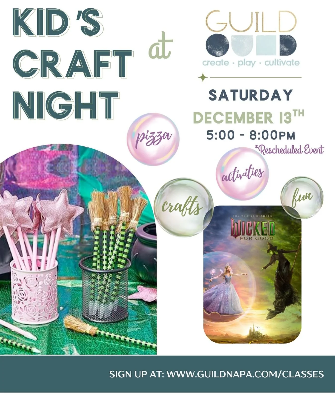 (Rescheduled event!) 
✨KIDS ages 5-12, grab your bestie, hop onto your brooms, and FLY over to GUILD for a 💚🩷Wicked🩷💚 inspired night of crafts, pizza, and magical FUN. Give your parents the night off😉🖤
✨✨Sign up at the link in our bio✅