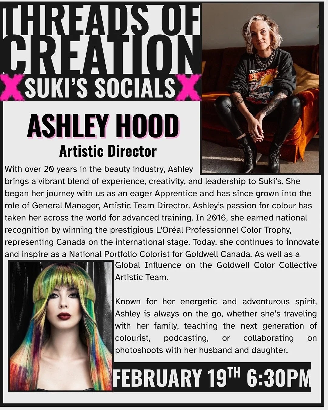 Meet the presenters Part 1! 
@ash.hood.hair @hairbytaido @kyepyeon_hair 

Threads of Creation: Unraveling the Artistry Behind the Vision ✨

Hosted by the Suki&rsquo;s Salons Creative Team
📍 3157 Granville St, Vancouver, BC
🕕 Doors open at 6:00 PM s
