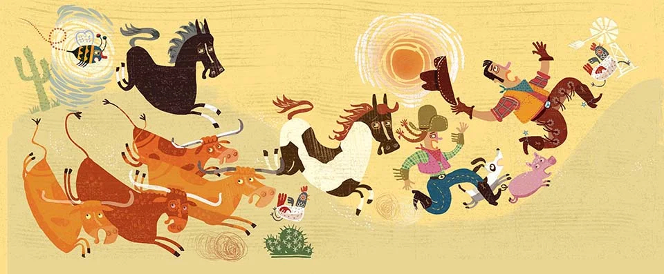 When the stallion runs after the mare, he starts a chain reaction as the cowboy, cowgirl, and ranch critters join the chase-around.