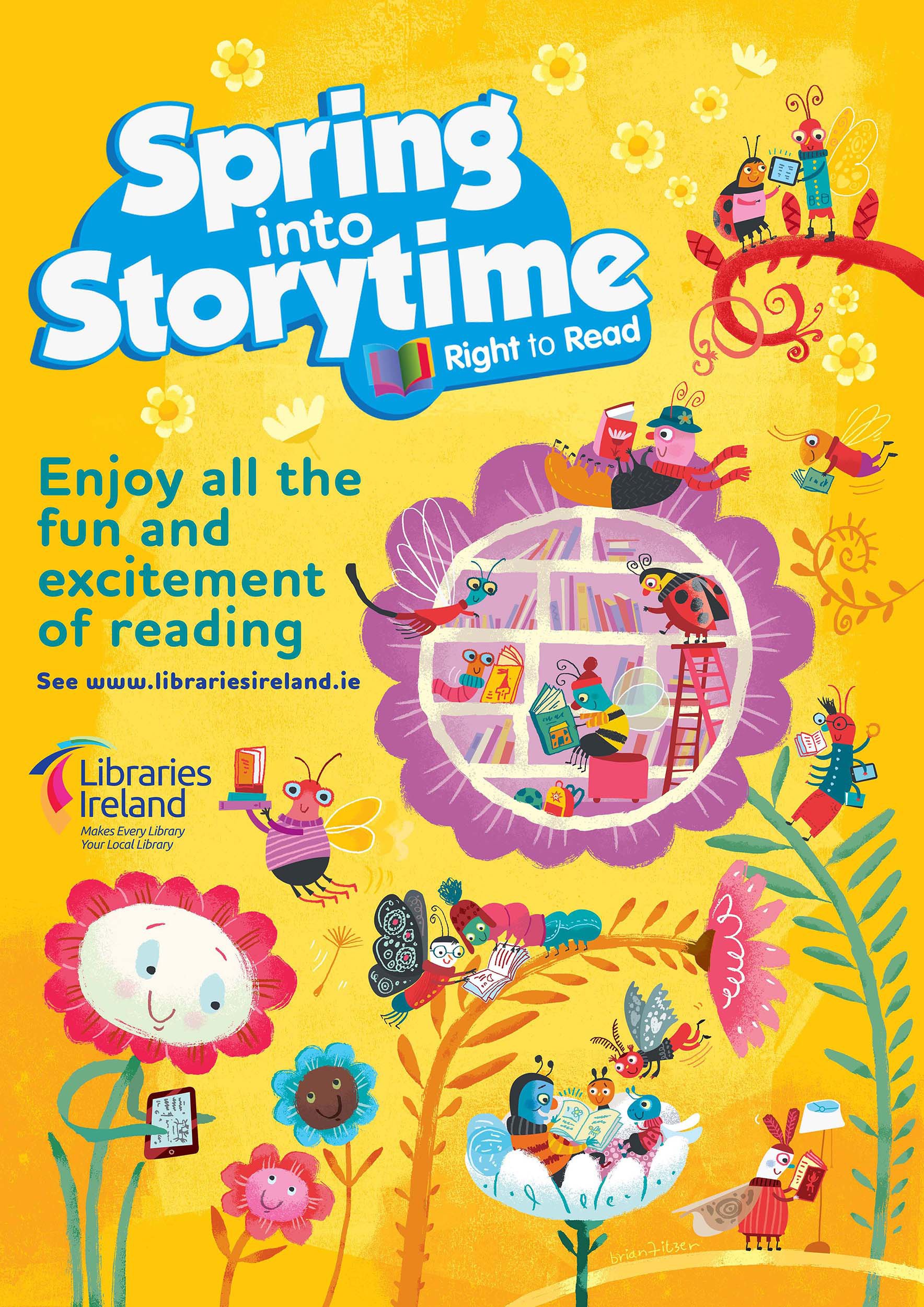 Poster for 'Libraries Ireland' 2022. Spring into Storytime! RIGHT to READ!