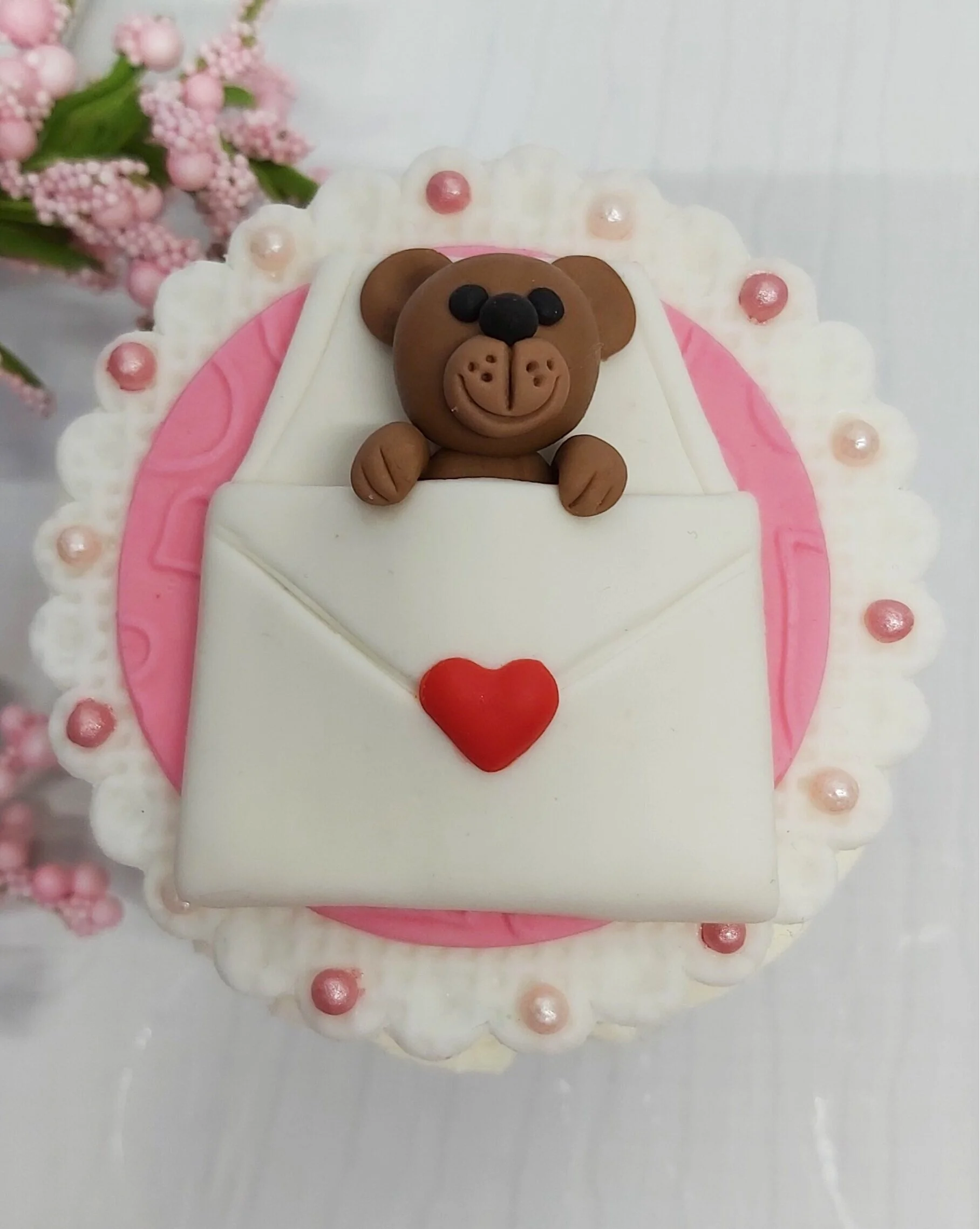Valentines day teddy bear in envelope cupcake topper