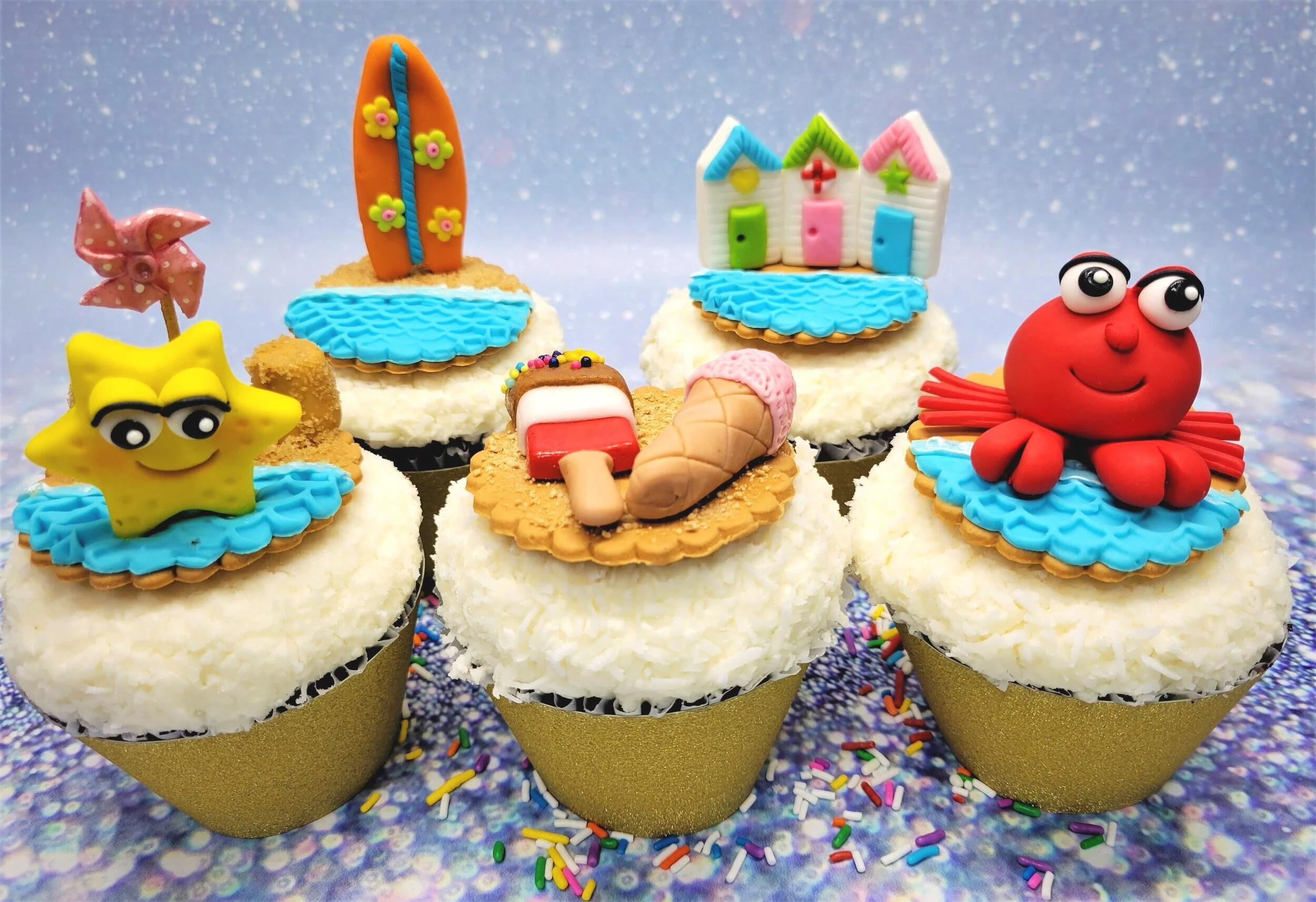 Beach surfboard starfish ice cream crab cupcake toppers