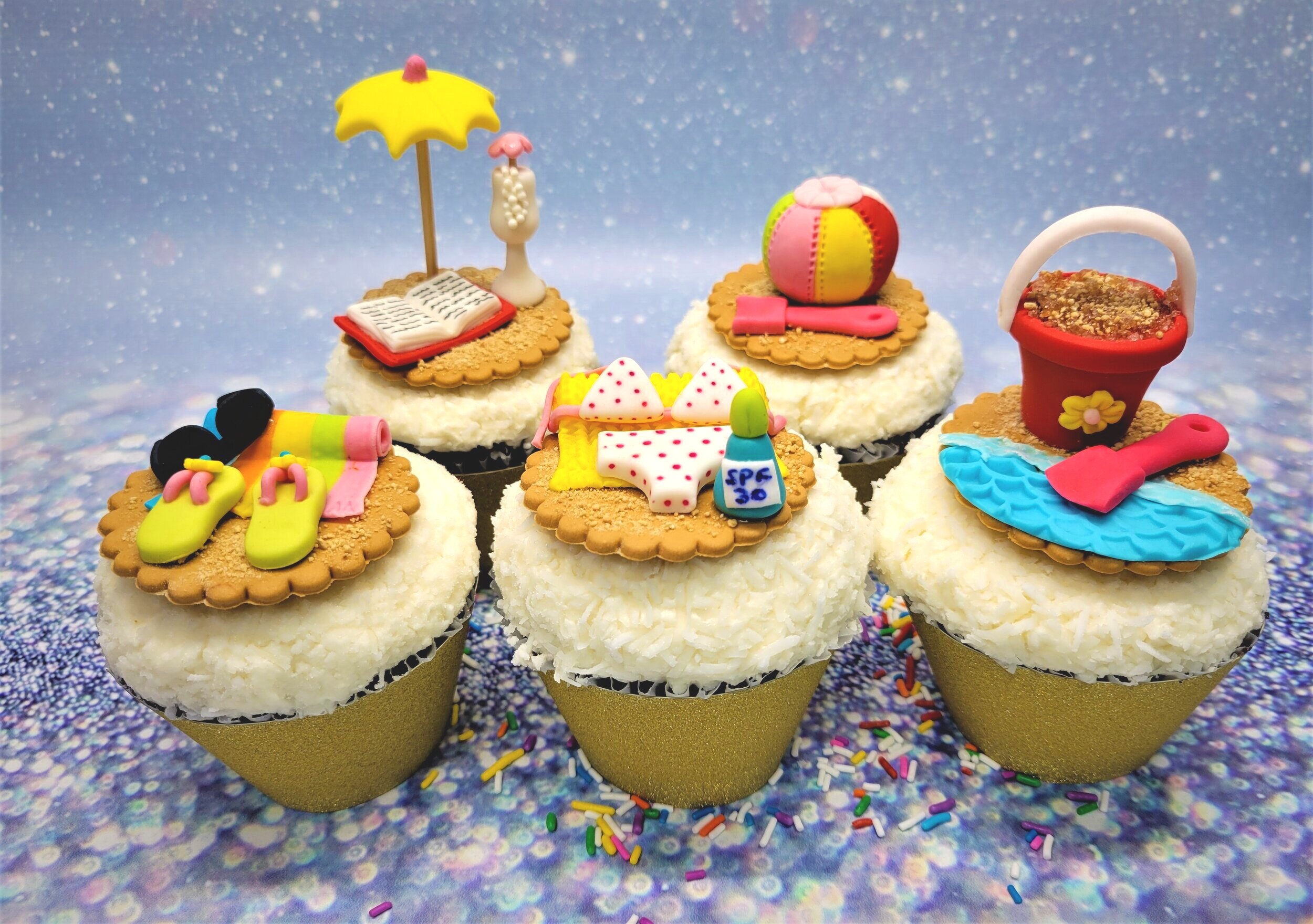 Beach flip flops bikini sand pail bucket sun umbrella beachball cupcake toppers