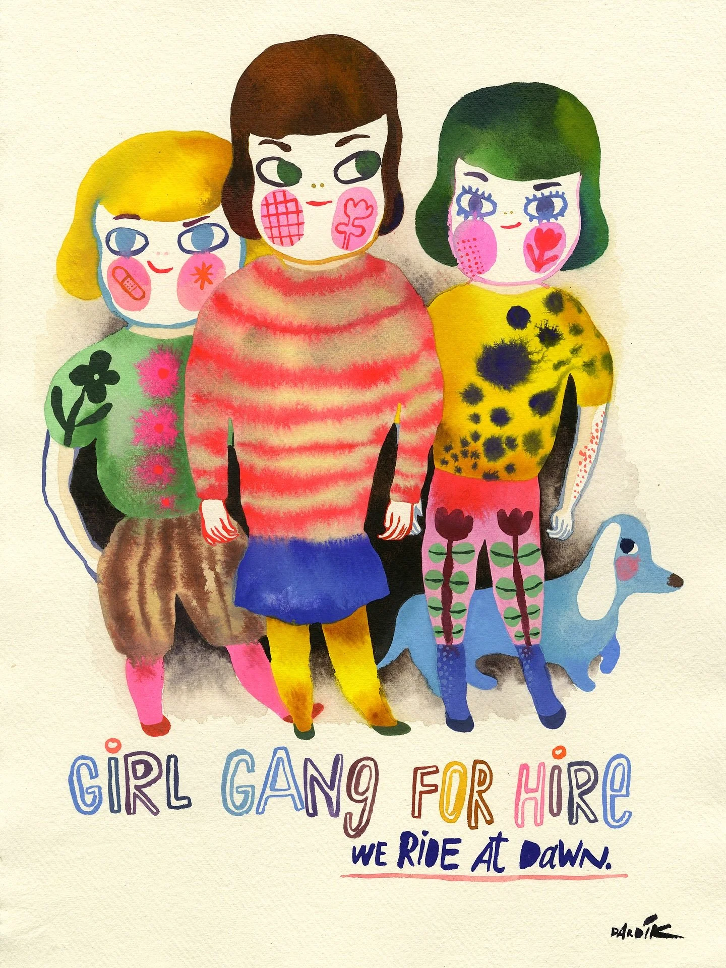 Here&rsquo;s a little piece of comedy I have worked on yesterday. I love me a girl gang. And a sausage dog, of course.

🌿🥨🌿

#girlgang #sausagedog #lettering #watercolorart #handmadewatercolorpaper #funny