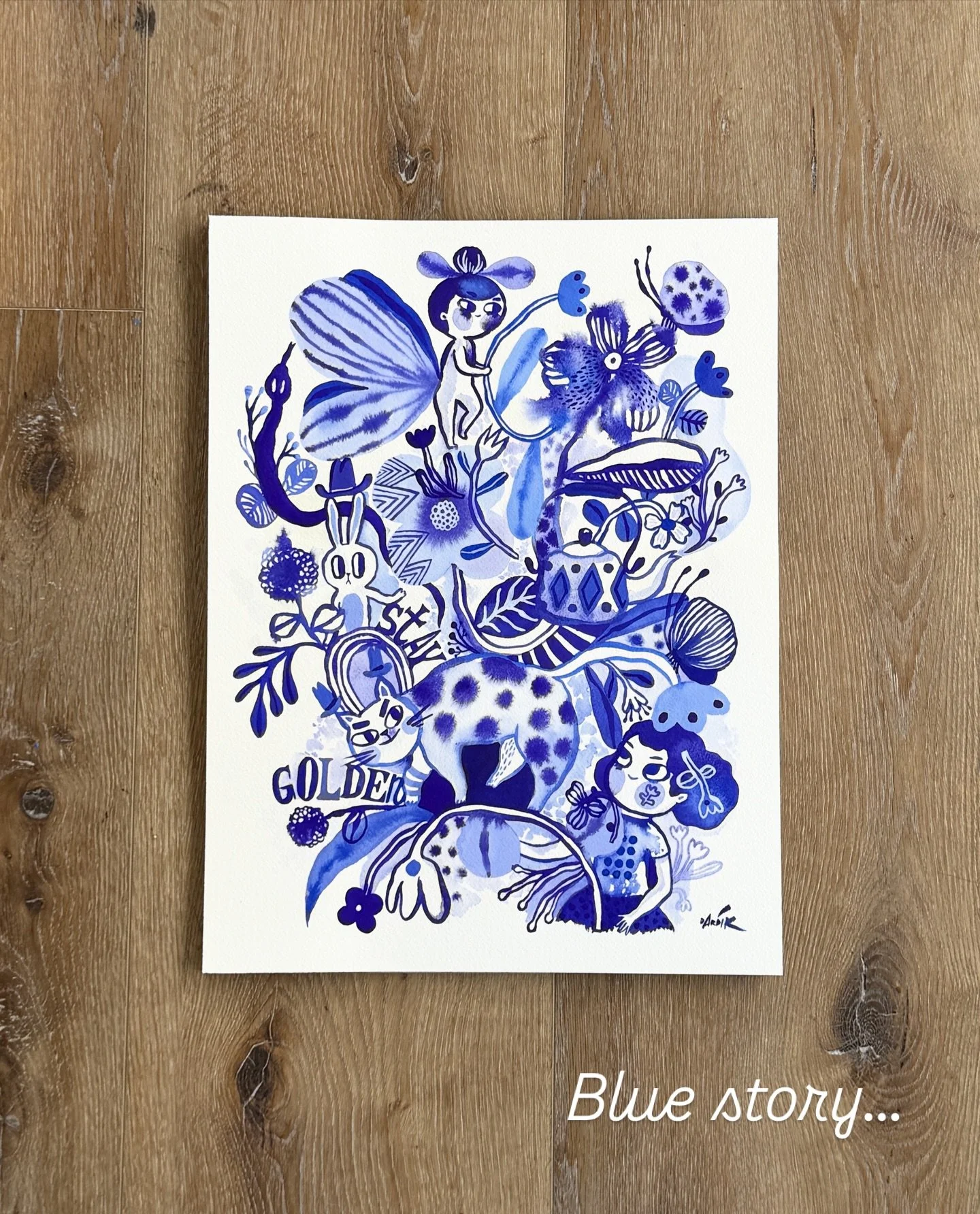 Stay golden! - The blue story&hellip; 
Every one of those blue paintings is pick your own adventure. I start by imagining a character or flower and let it invite another character or a flower, etc. one thing always leads to another in painting and in