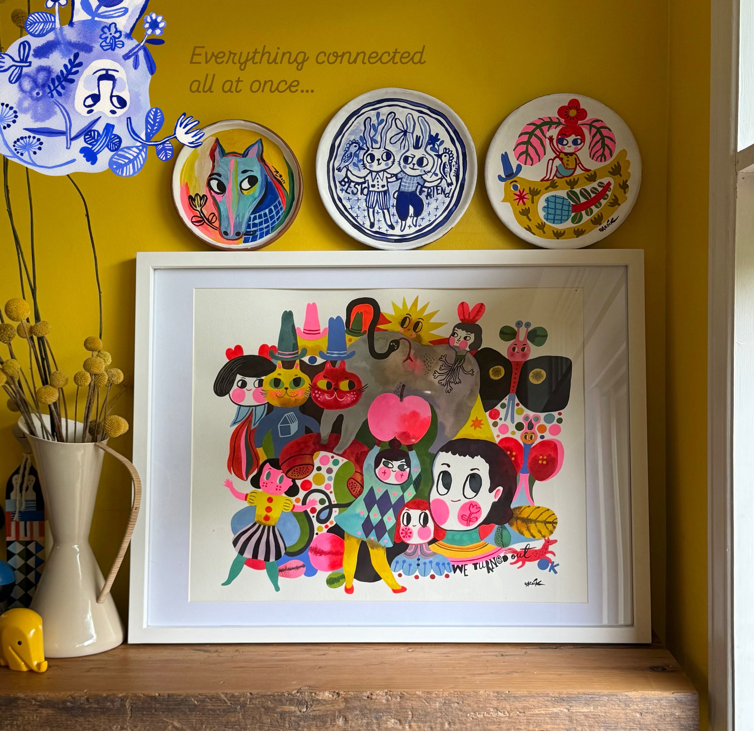 Everything&lsquo;s connected all at once&hellip;
Made this painting for myself. 
Didn&rsquo;t do a great framing job, but I will be able to rectify it eventually.

Bonus question: how many horses are in the picture?
🍏🐦🍏

#connection #toomuchery #h