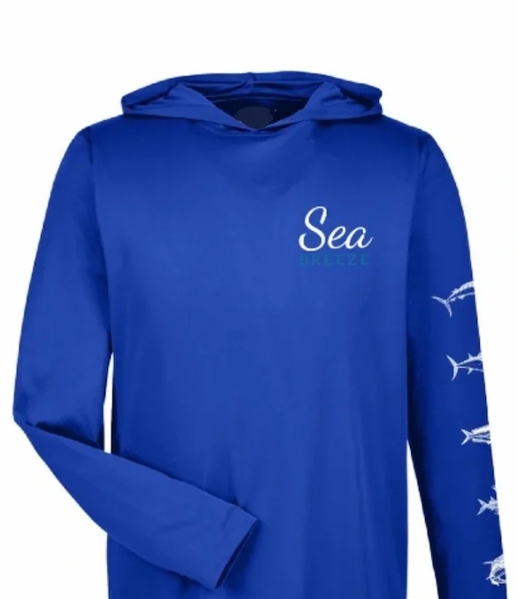 Sleeve details Blue hooded sun shirt spf50.webp