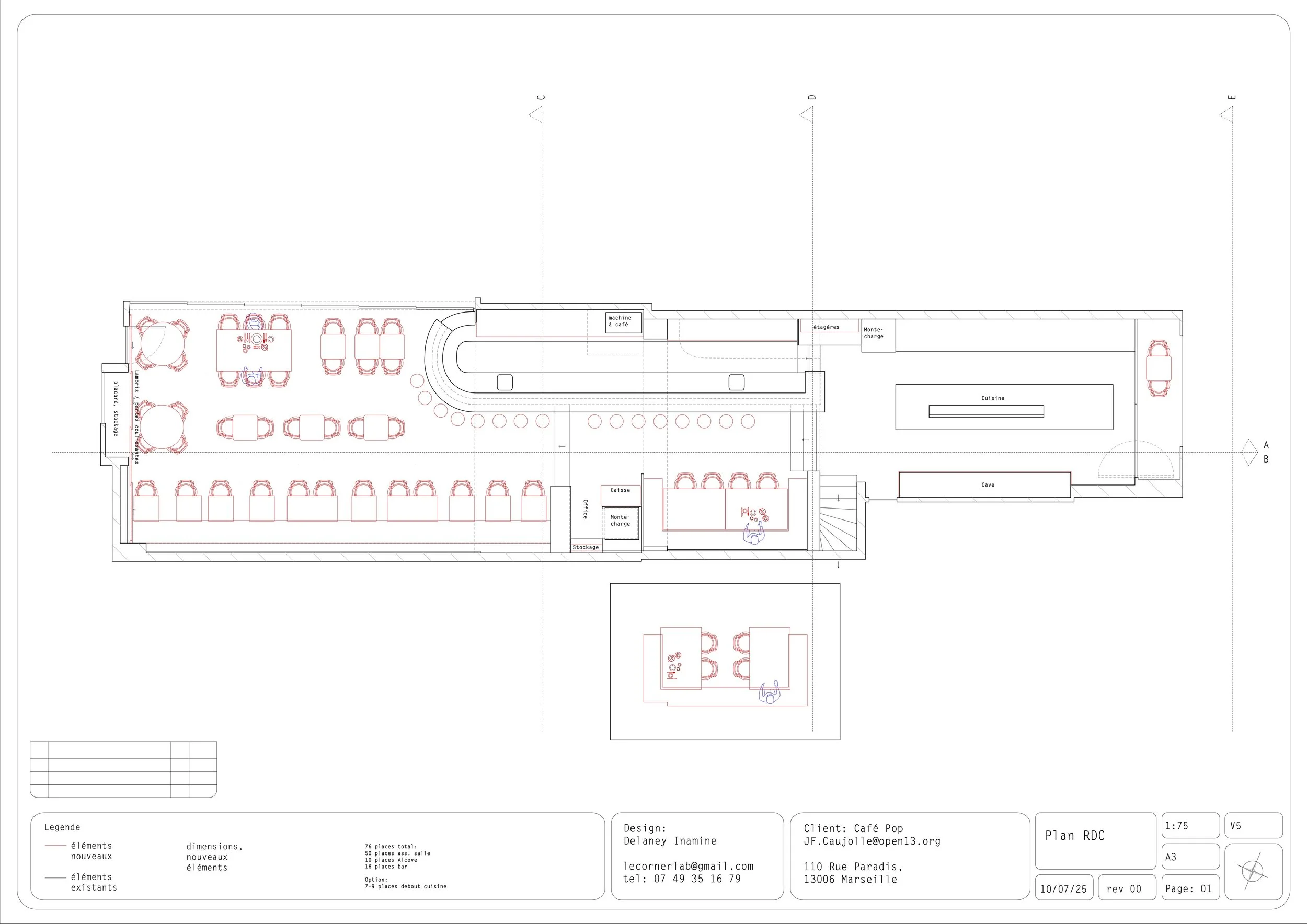 Architectural floor plan of a cafe named Caf Pop, showing seating arrangements, counters, kitchen area, stairs, storage, and service areas, with labels and measurements.