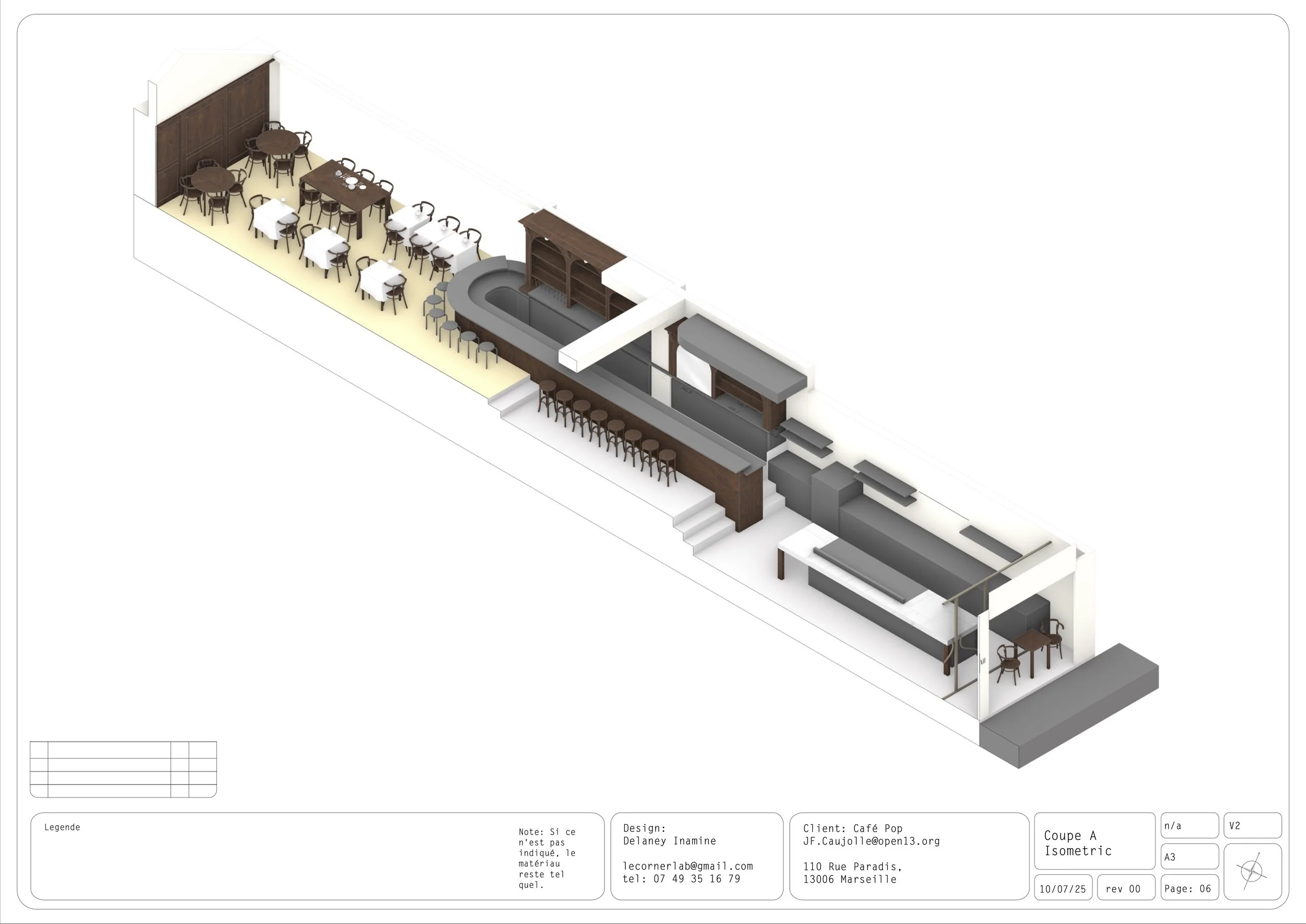 Floor plan of a cafe with seating area and kitchen, showing chairs, tables, and bar stools.