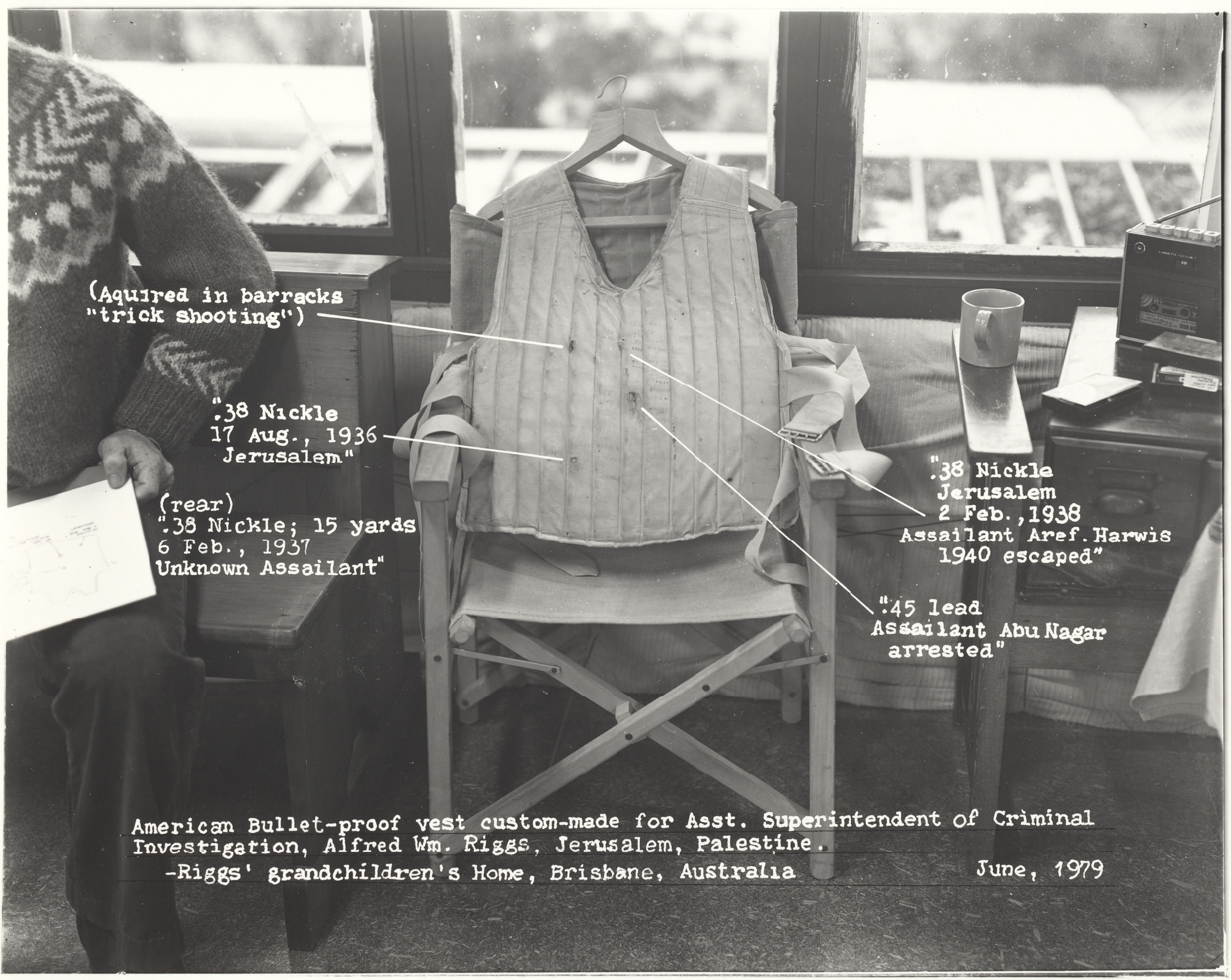  Robert Cumming   “American Bullet Proof Vest Custom-Made for Assistant Superintendent of Criminal Investigation, Alfred William Riggs, Jerusalem, Palestine, 1979”  8”x10” silver gelatin contact print, Mounted  Signed and dated in pencil on mount 