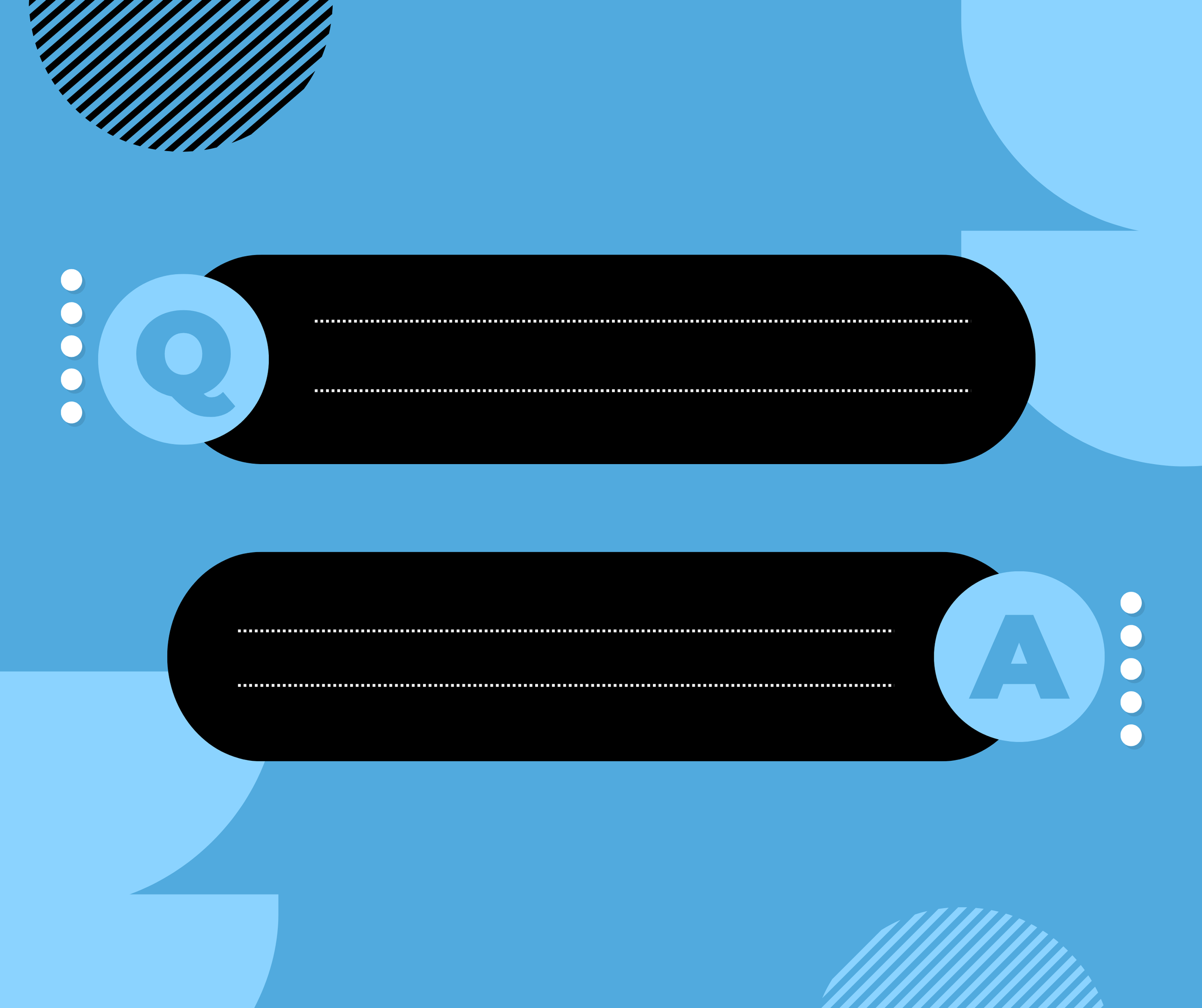 Digital graphic with light and dark blue speech bubbles, black rounded rectangles for text, and icons with letter Q and letter A inside circles, indicating a question and answer format.