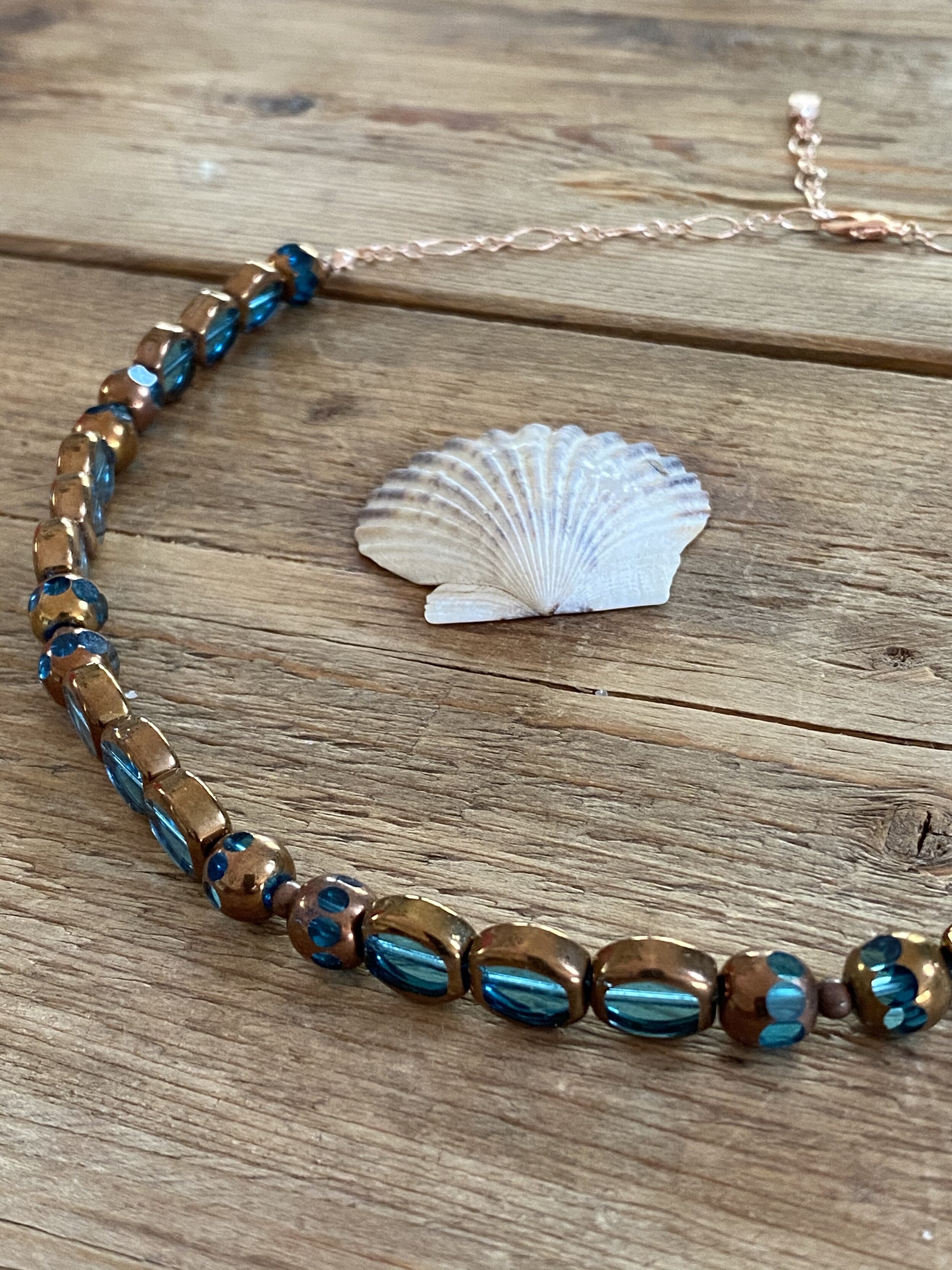 Copper-Bronze Wrapped Deep Aqua Blue Crystal Necklace with Rose Gold Clasp