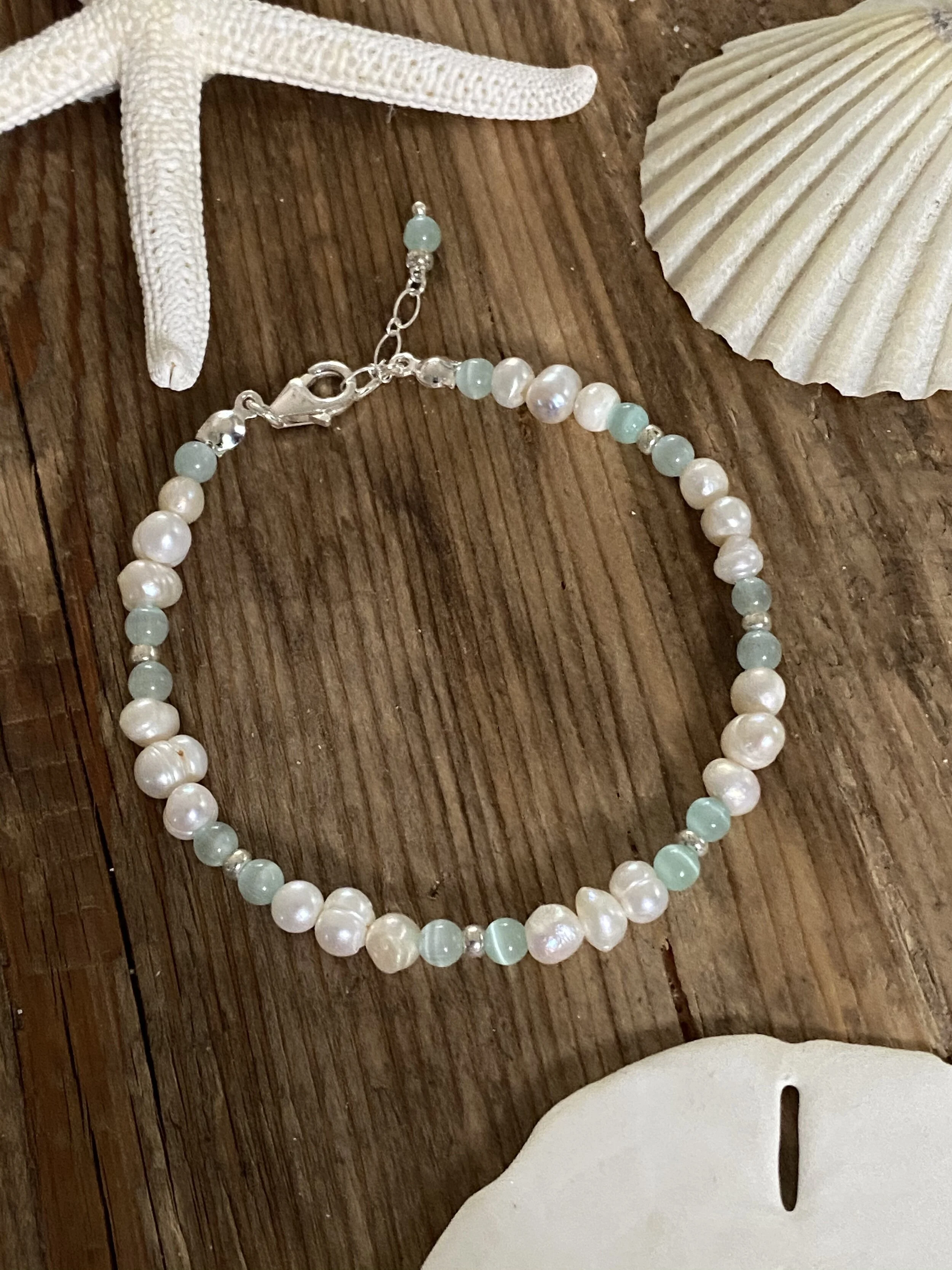 Freshwater Pearls and Aqua Cat Eye Bracelet