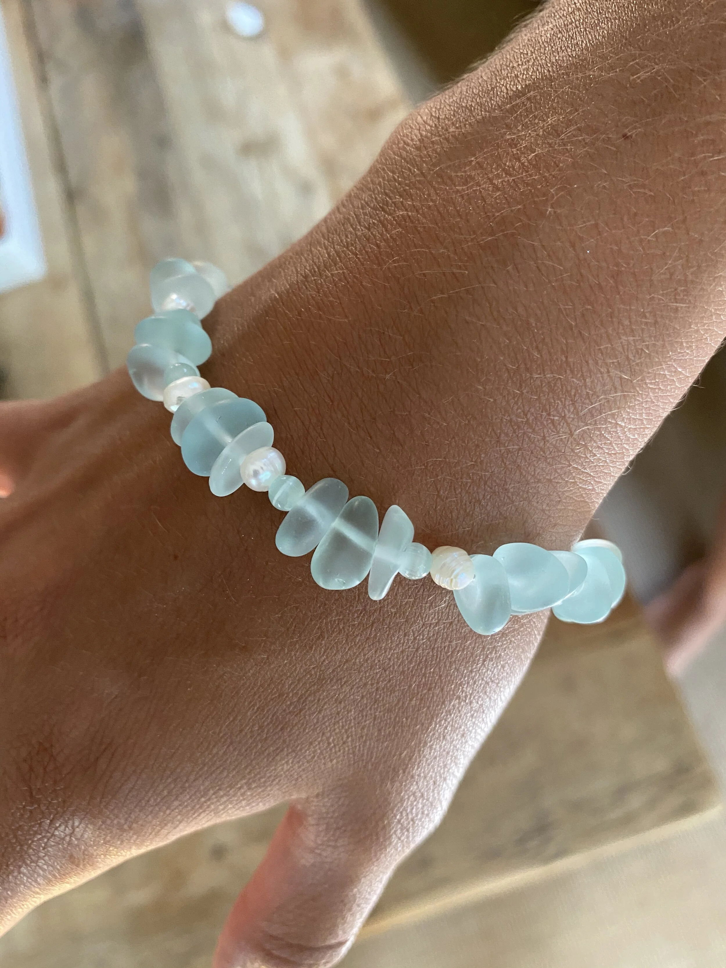 Sea Glass, Aqua Cat Eye and Freshwater Pearl Sterling Silver Bracelet