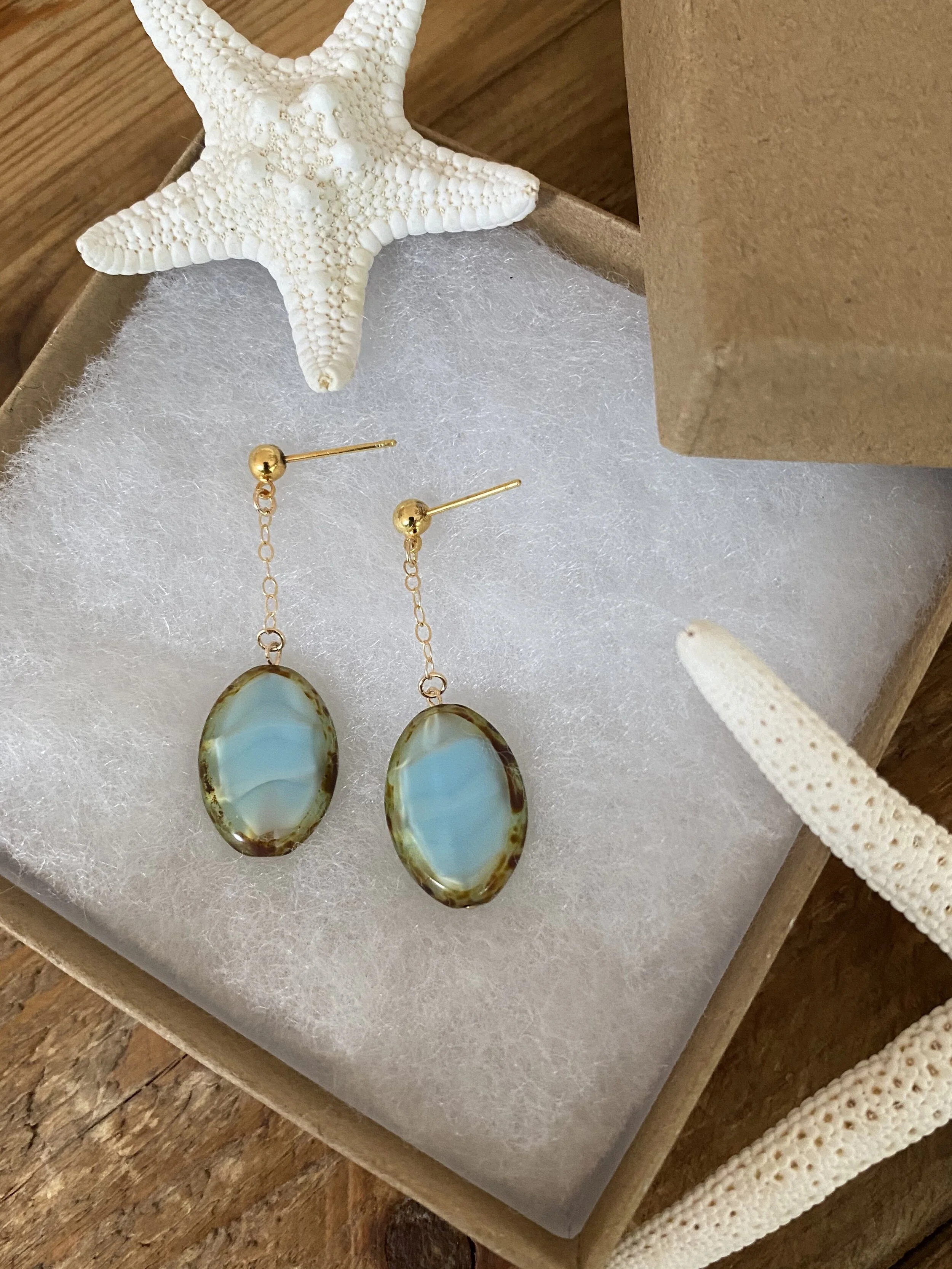 14K Gold Picasso-Striped Turquoise ‘Moonstone' Table Cut Czech Glass Earrings