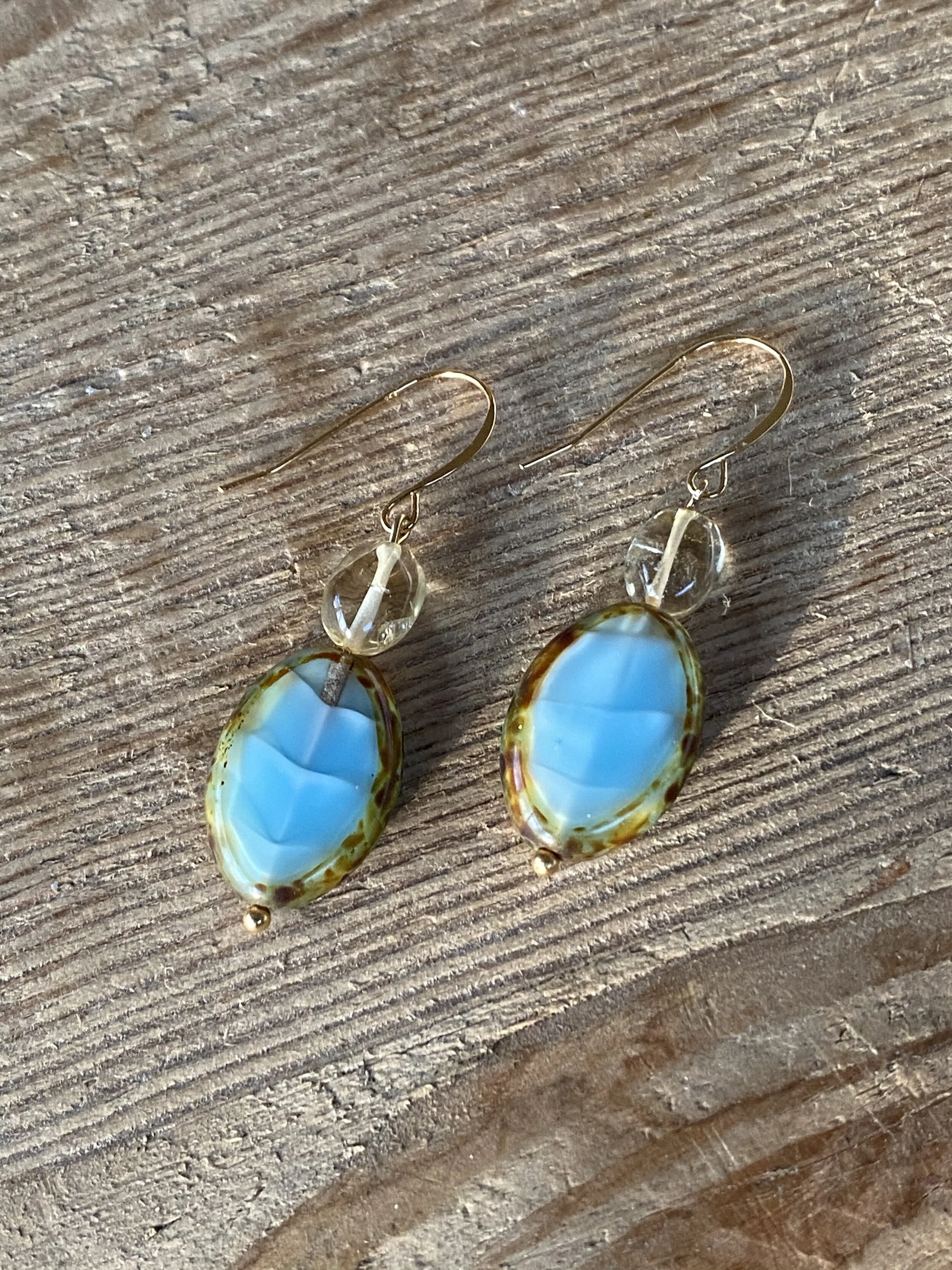 Picasso-Striped Turquoise Table Cut Czech Crystal, Citrine and Gold Earrings