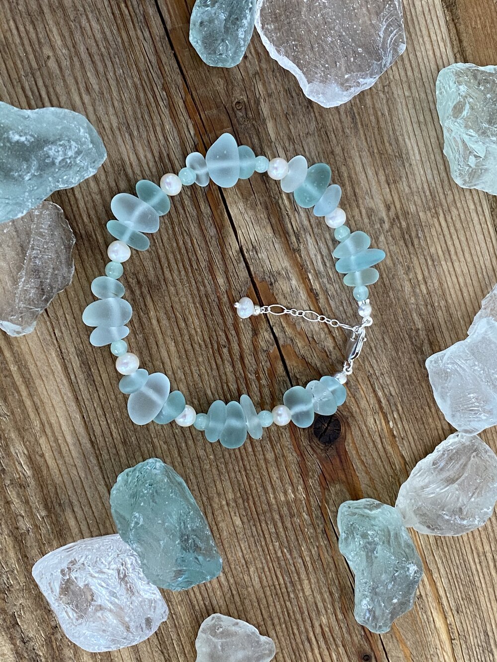 Sea Glass, Aqua Cat Eye and Freshwater Pearl Sterling Silver Bracelet —  Beads and Boards