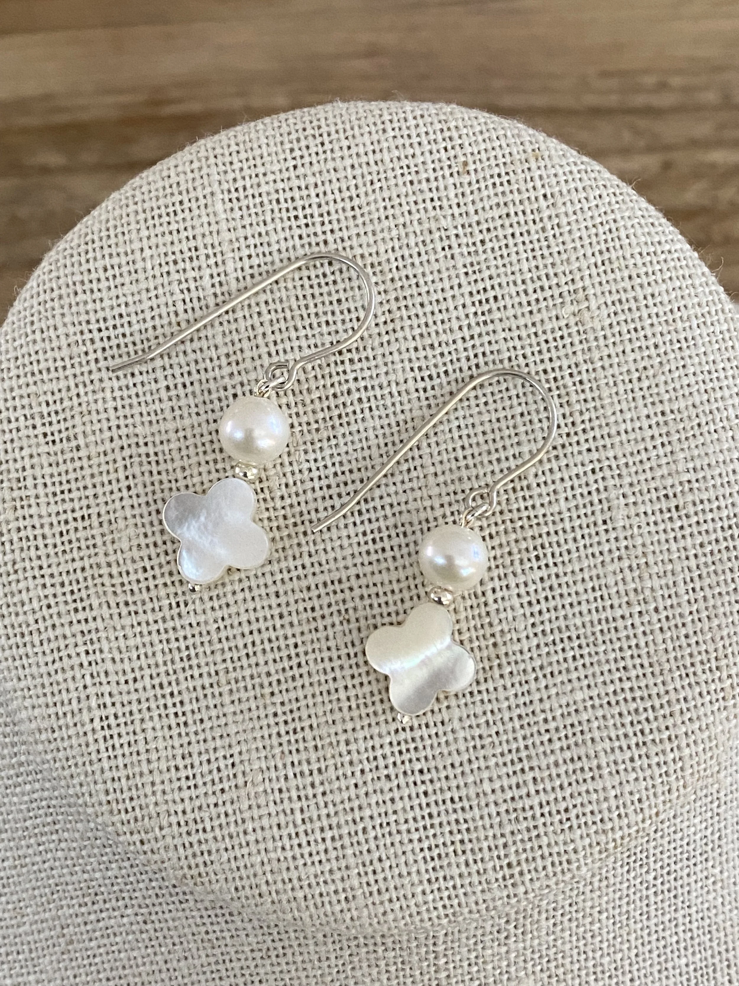 Sterling Silver Freshwater Pearl and Mother of Pearl Quatrefoil Earrings